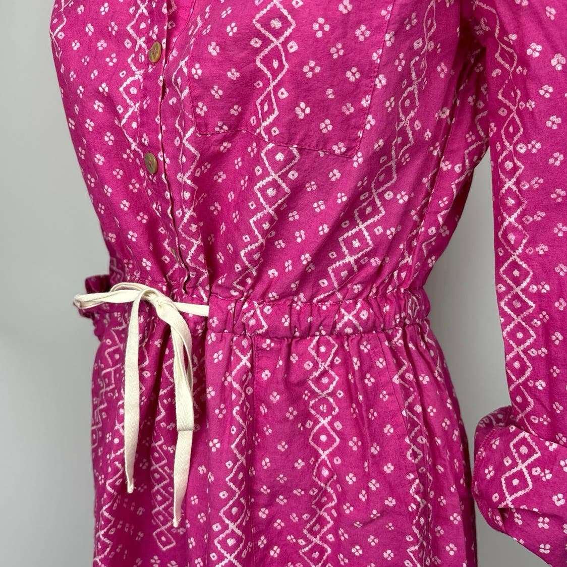 Anthropologie Meadow & Rue Pink Cotton Floral Tie Waist Button Up Shirt Dress 2 - Image 7