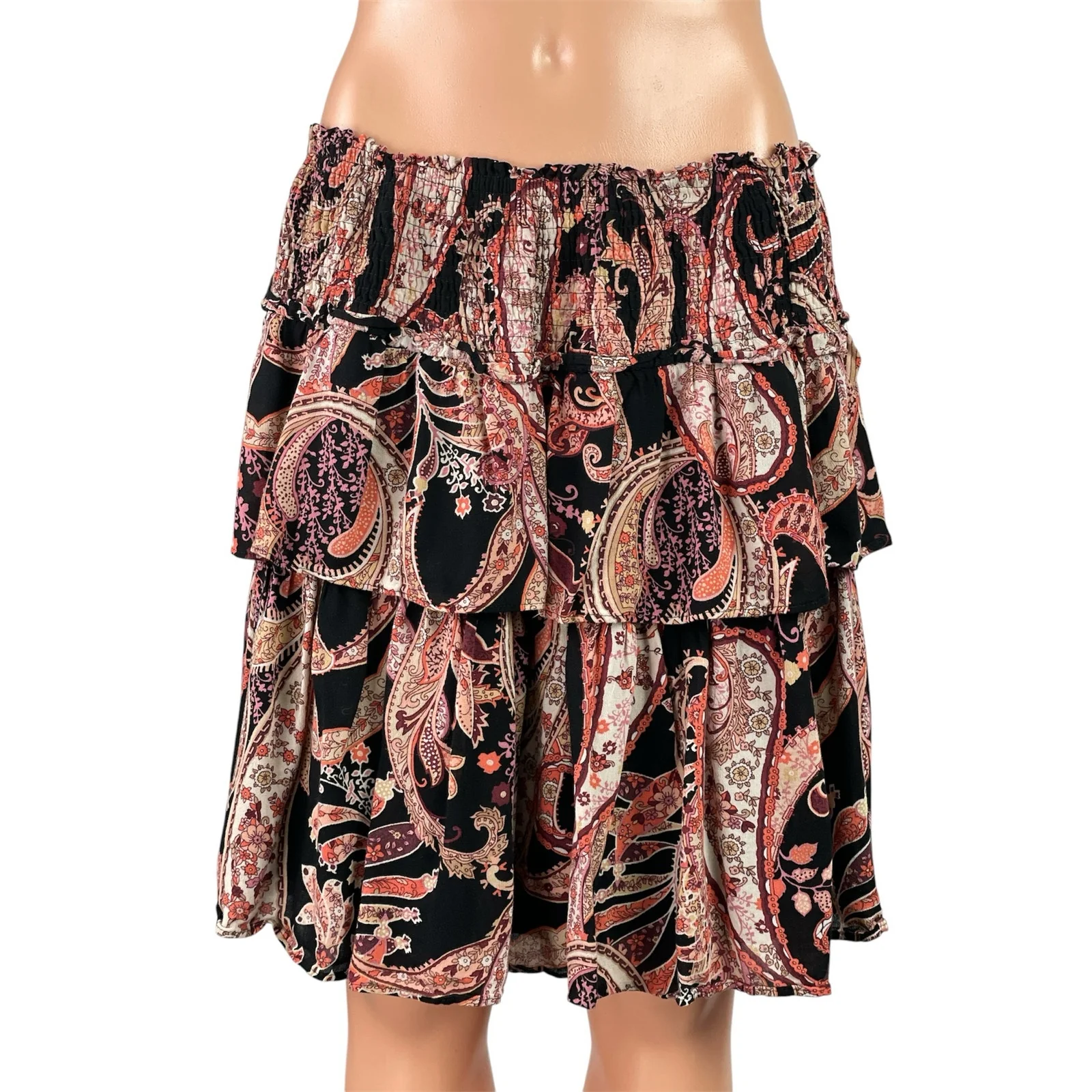 Anthropologie Myla Ruffled Boho High Waist Paisley Tiered A Line Mini Skirt Sz L