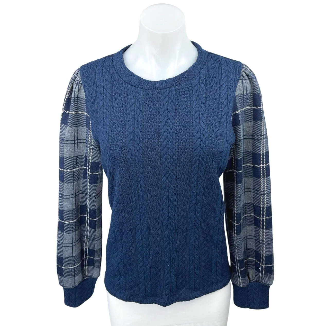 Anthropologie THML Navy Blue Cable Knit Plaid Long Sleeve Pullover Sweater Top M