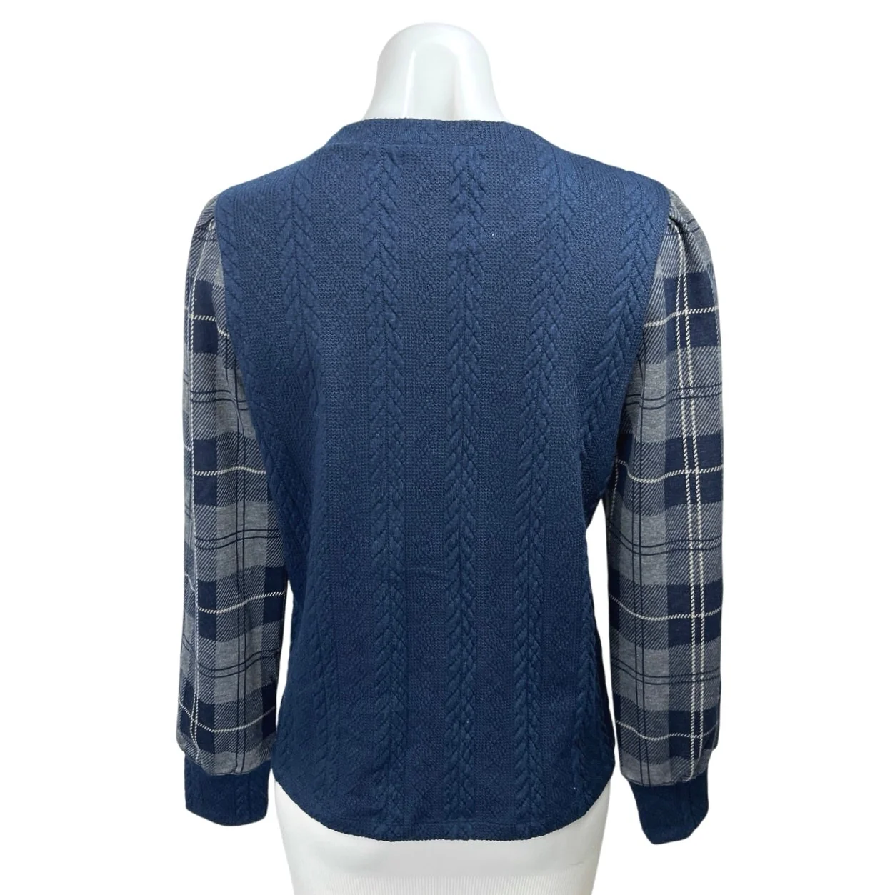 Anthropologie THML Navy Blue Cable Knit Plaid Long Sleeve Pullover Sweater Top M - Image 2