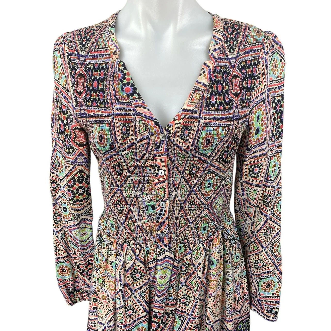 Anthropologie Tiled Amethyst Long Sleeve Geometric Smocked Mini A Line Dress S - Image 4