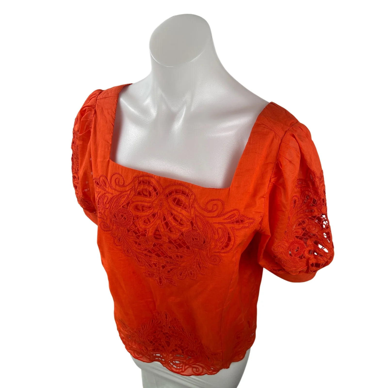 Anthropologie Women's Coral Lace Embroidered Short Puff Sleeve Blouse Top Size S - Image 4