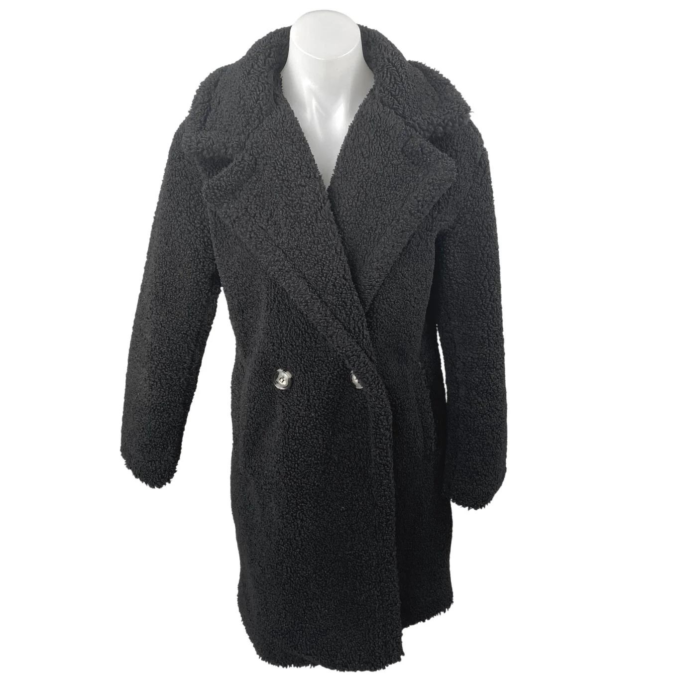 Apparis Women's Black Sherpa Fleece Double Breasted Teddy Trench Coat Jacket XS