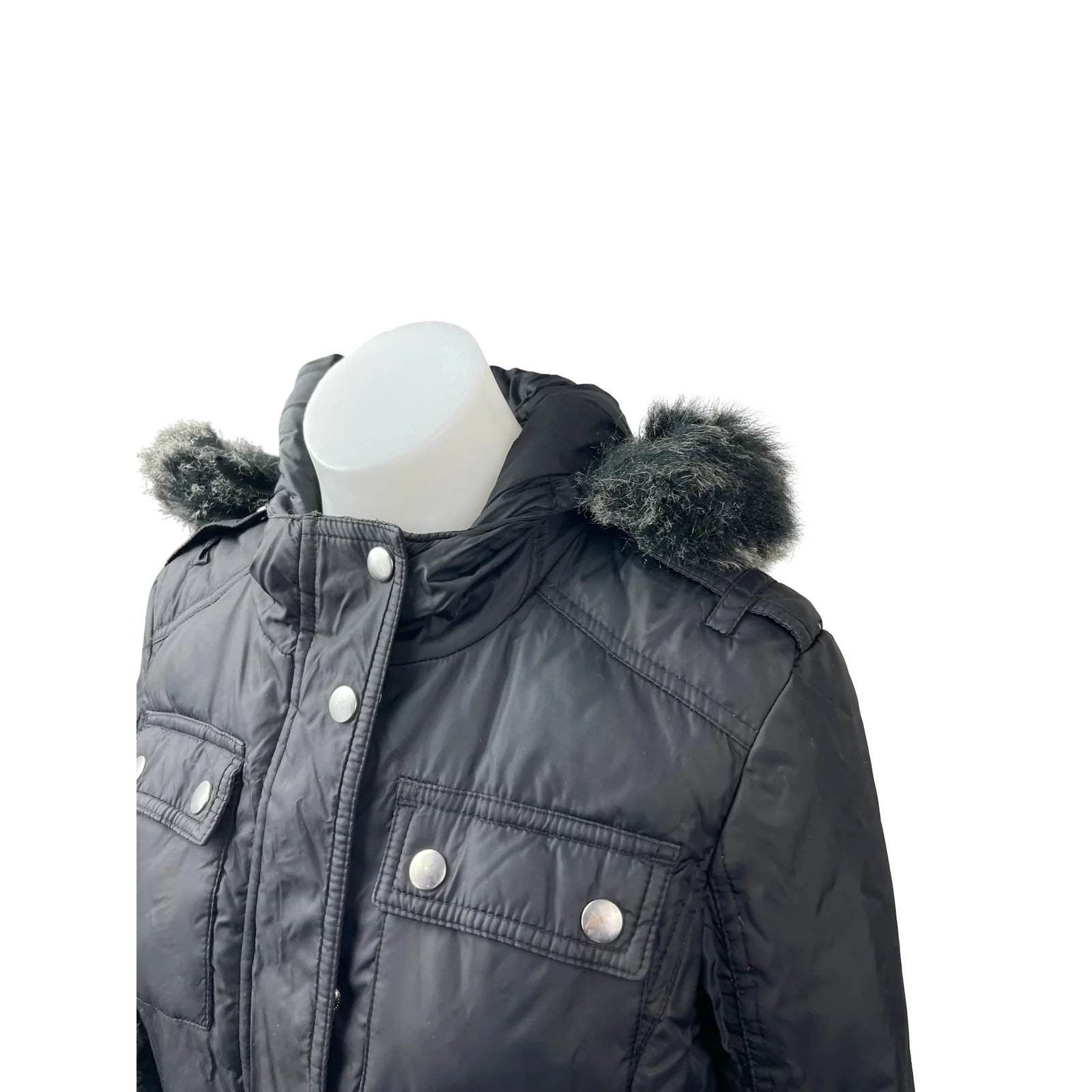Aqua Black Faux Fur Trim Quilted Long Sleeve Hooded Puffer Parka Coat Jacket XS - Image 2