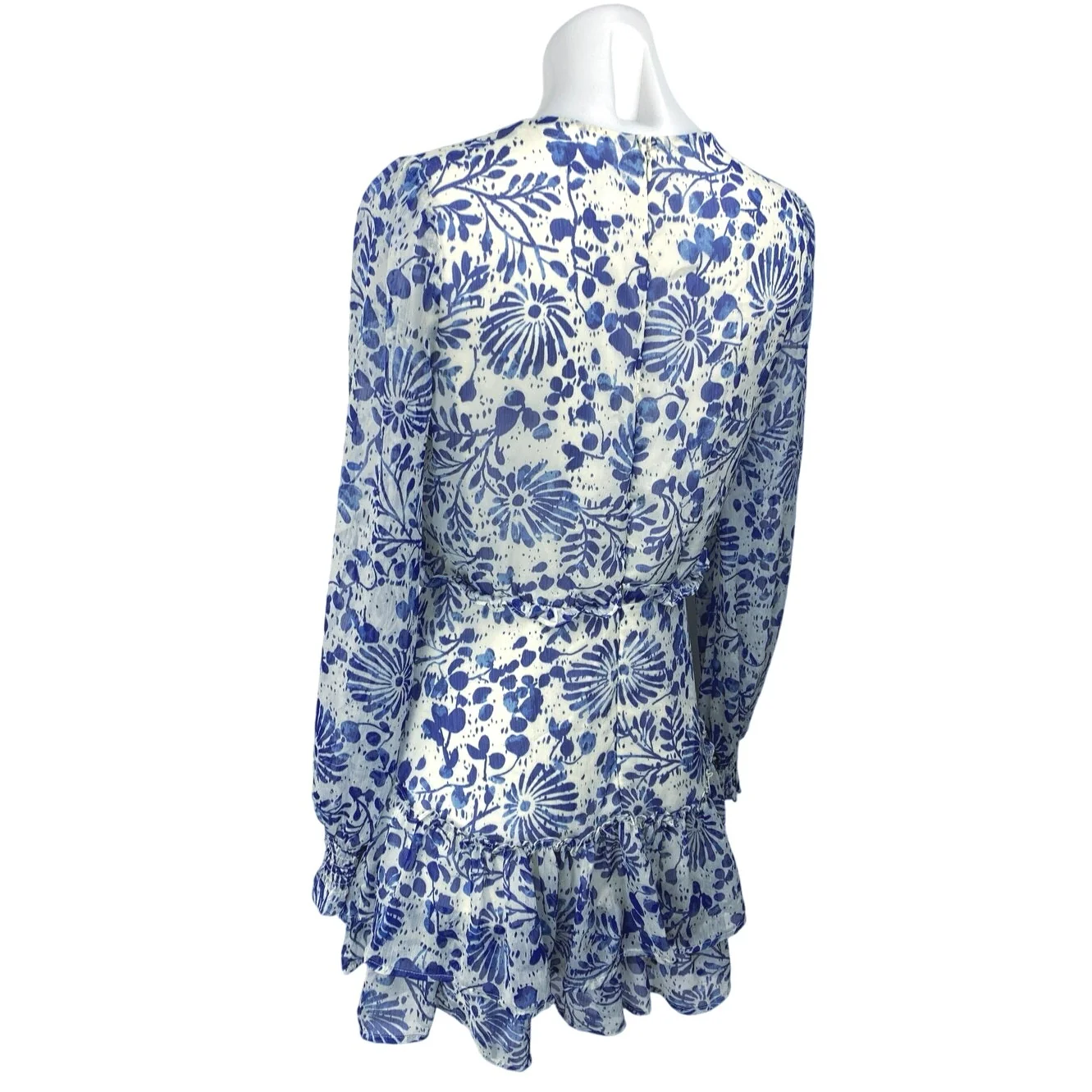 Aqua Blue White Floral Long Sleeve Ruffle Flounce Blouson Mini Dress Size S - Image 3
