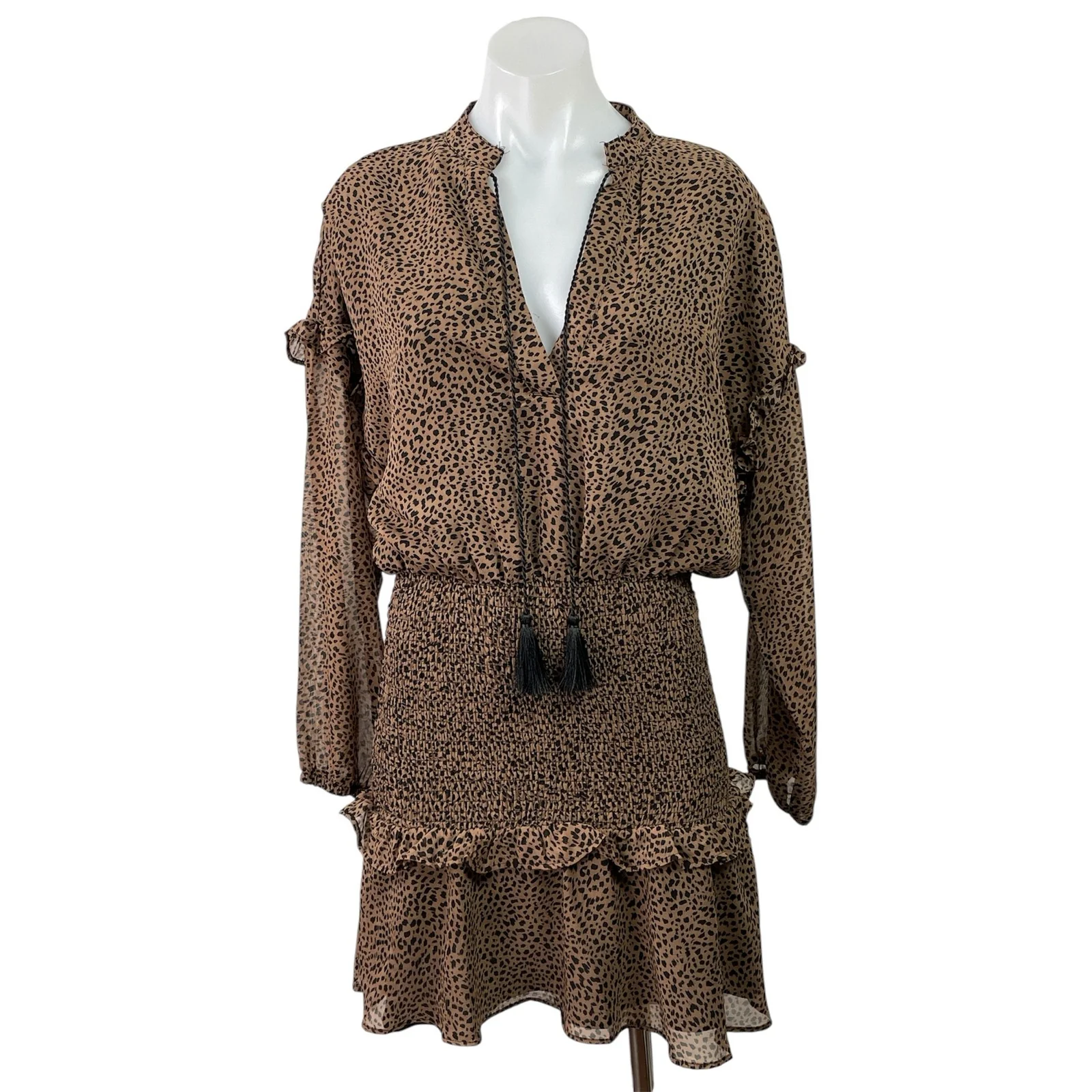 Aqua Brown Leopard Cheetah Tassel Ruffle Long Sleeve Tiered Blouson Mini Dress S