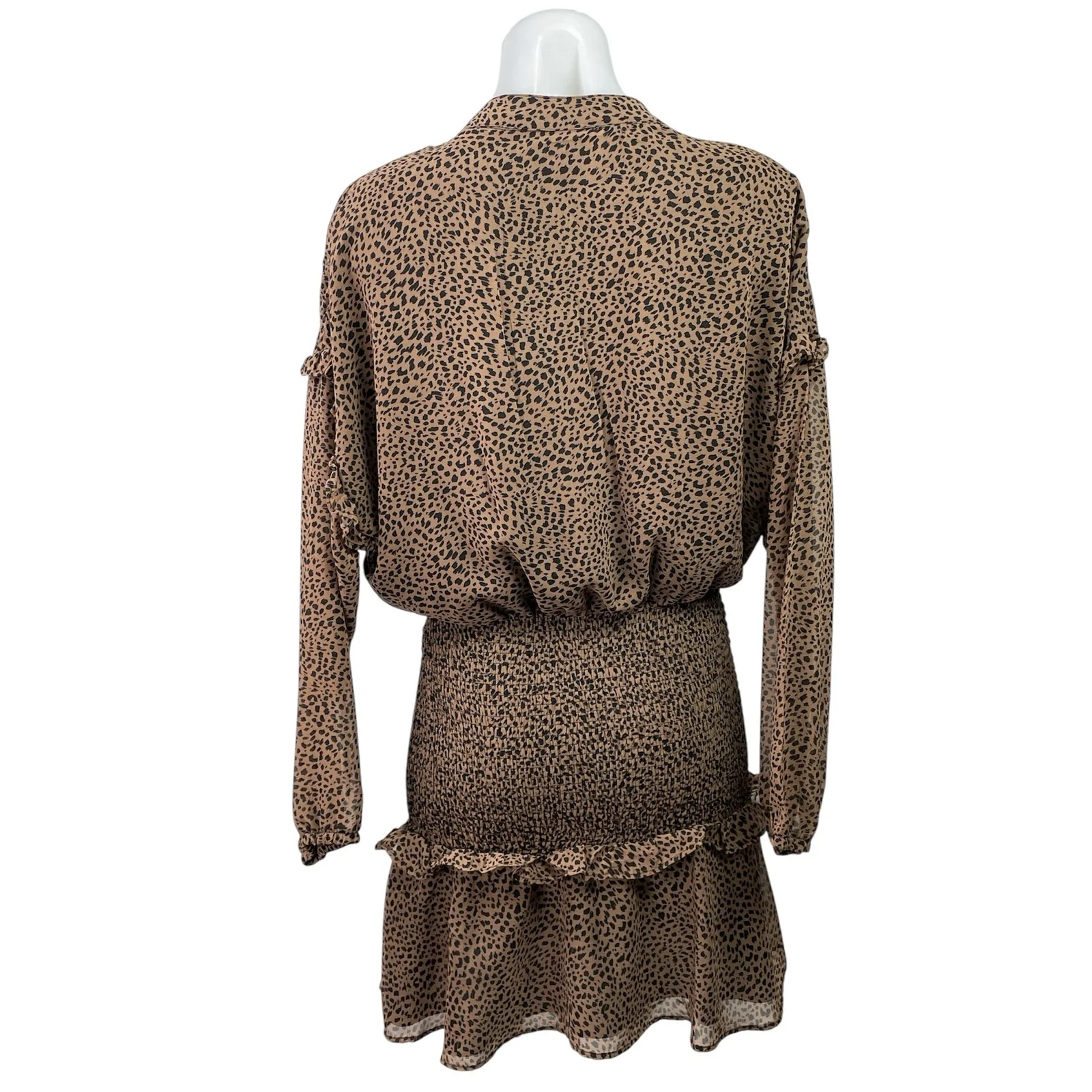 Aqua Brown Leopard Cheetah Tassel Ruffle Long Sleeve Tiered Blouson Mini Dress S - Image 3