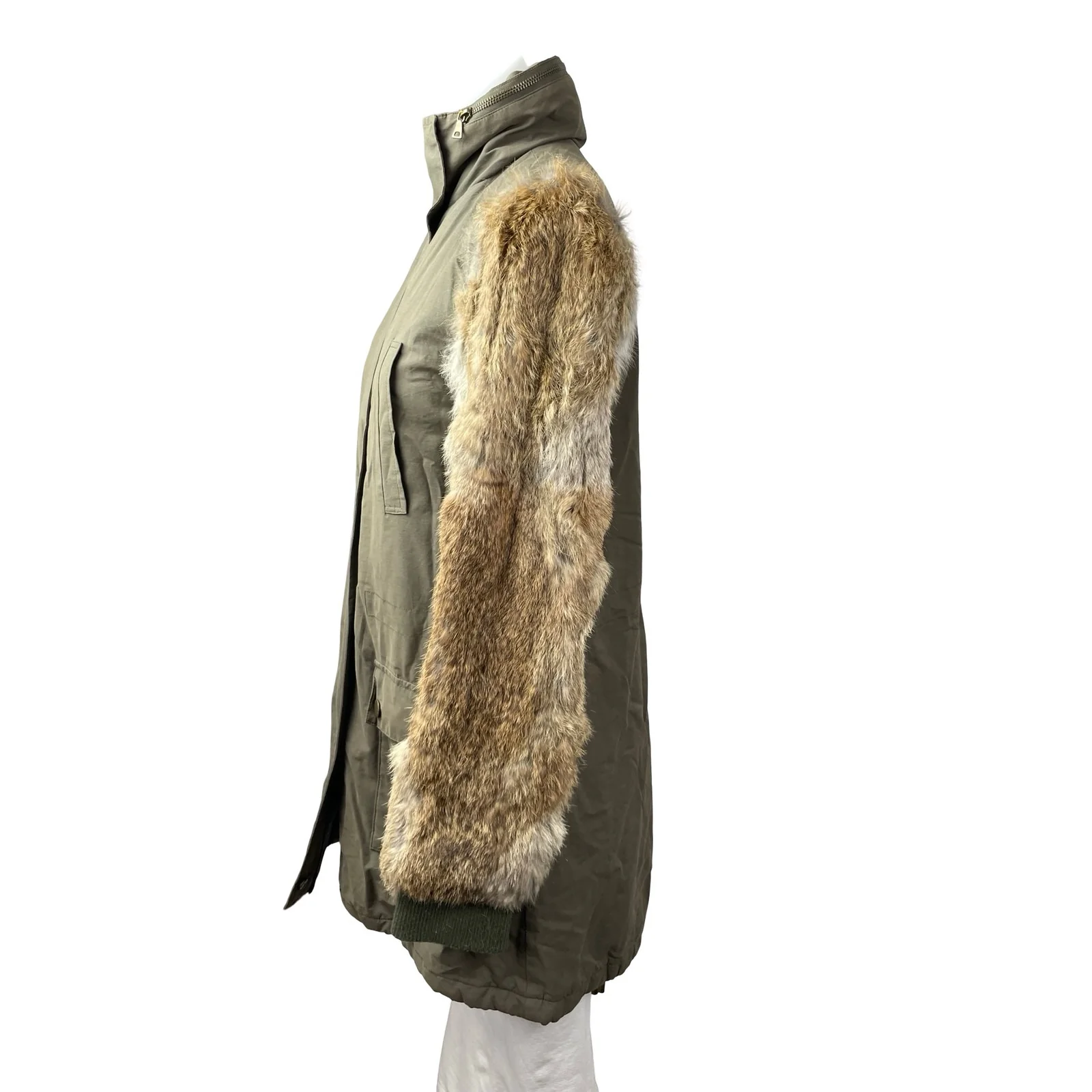 Aqua Genuine Rabbit Fur Long Sleeve Stand Collar Utility Parka Coat Jacket Sz XS - Image 2