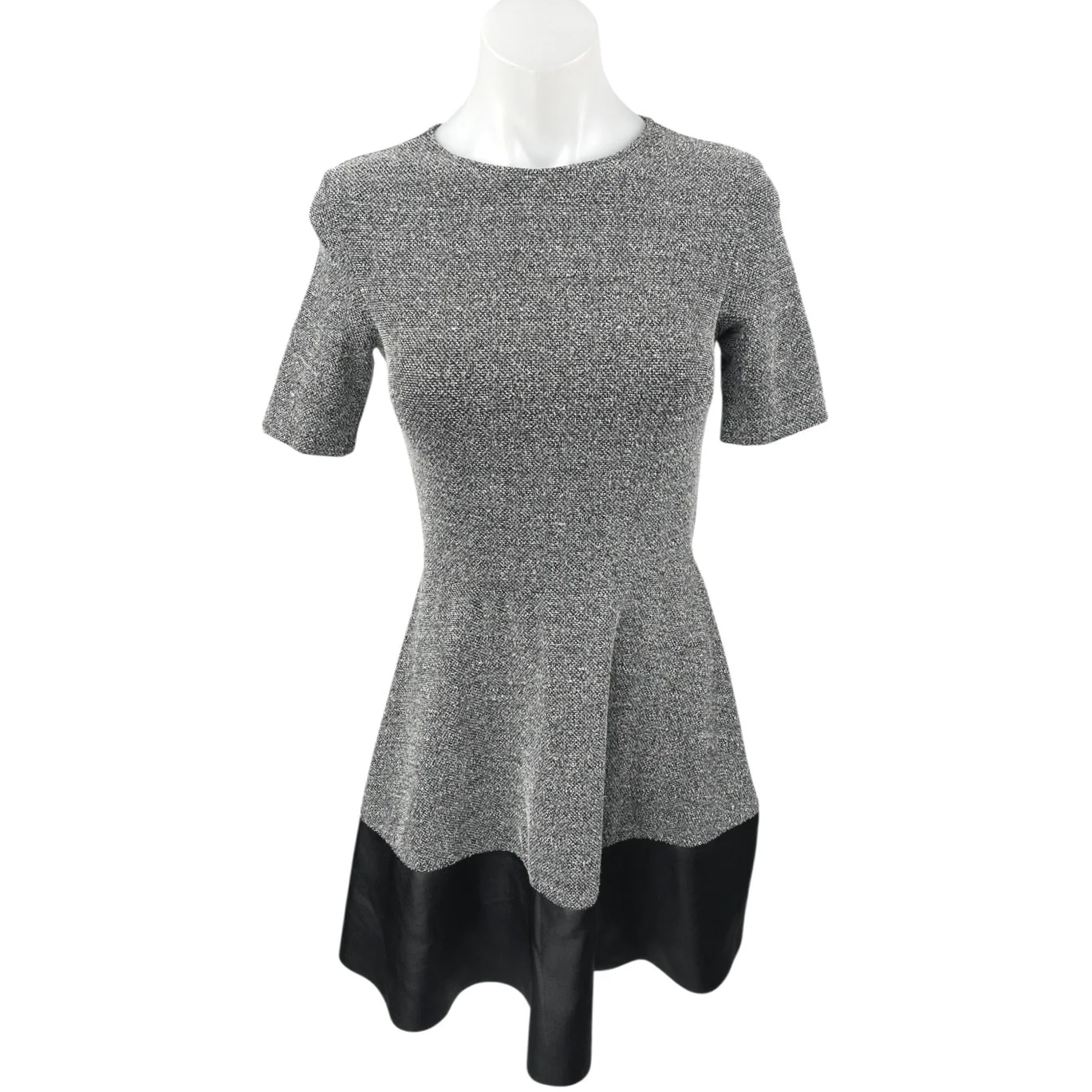 Aqua Gray Tweed Faux Leather Hem Short Sleeve Mini A-Line Fit & Flare Dress Sz S