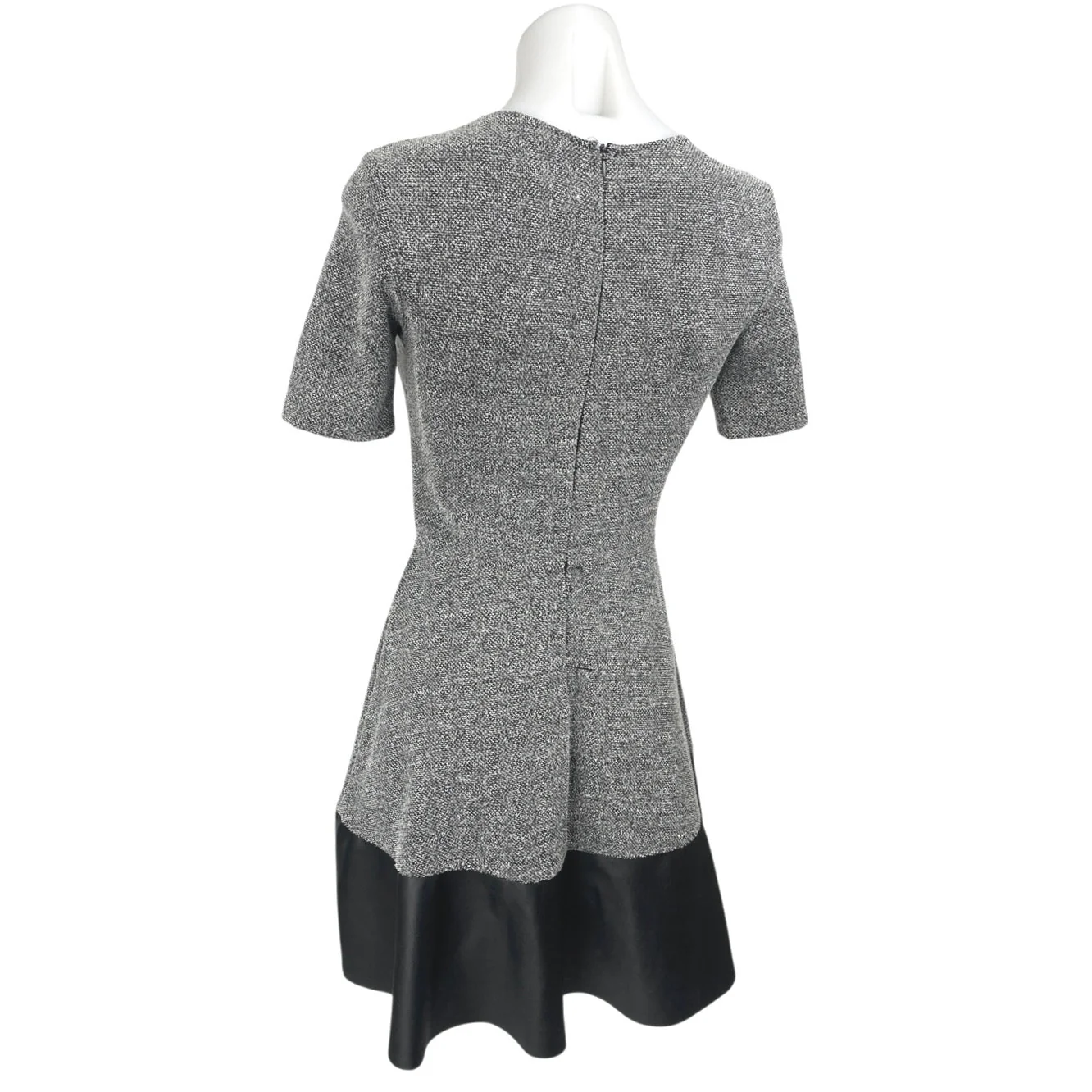 Aqua Gray Tweed Faux Leather Hem Short Sleeve Mini A-Line Fit & Flare Dress Sz S - Image 2