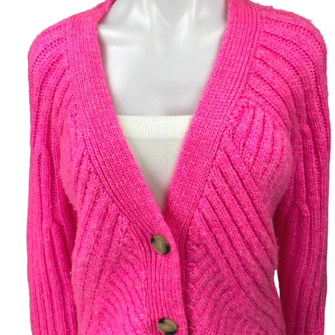 Aqua Pink Ribbed Knit Button Down Long Sleeve V Neck Cardigan Sweater Top Size M - Image 3