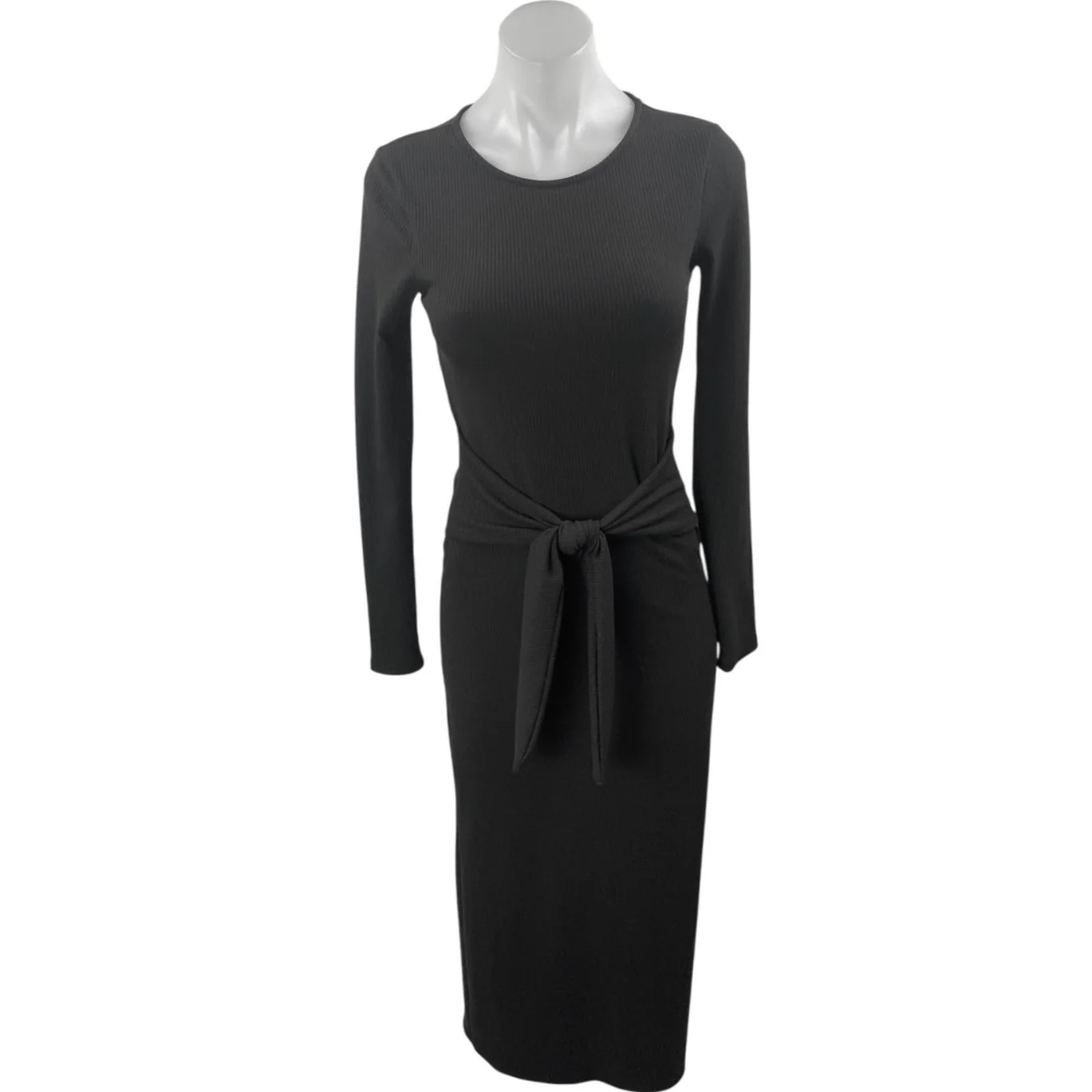 Aqua Women's Black Rib Knit Tie Waist L:ong Sleeve Midi Bodycon Sweater Dress XS