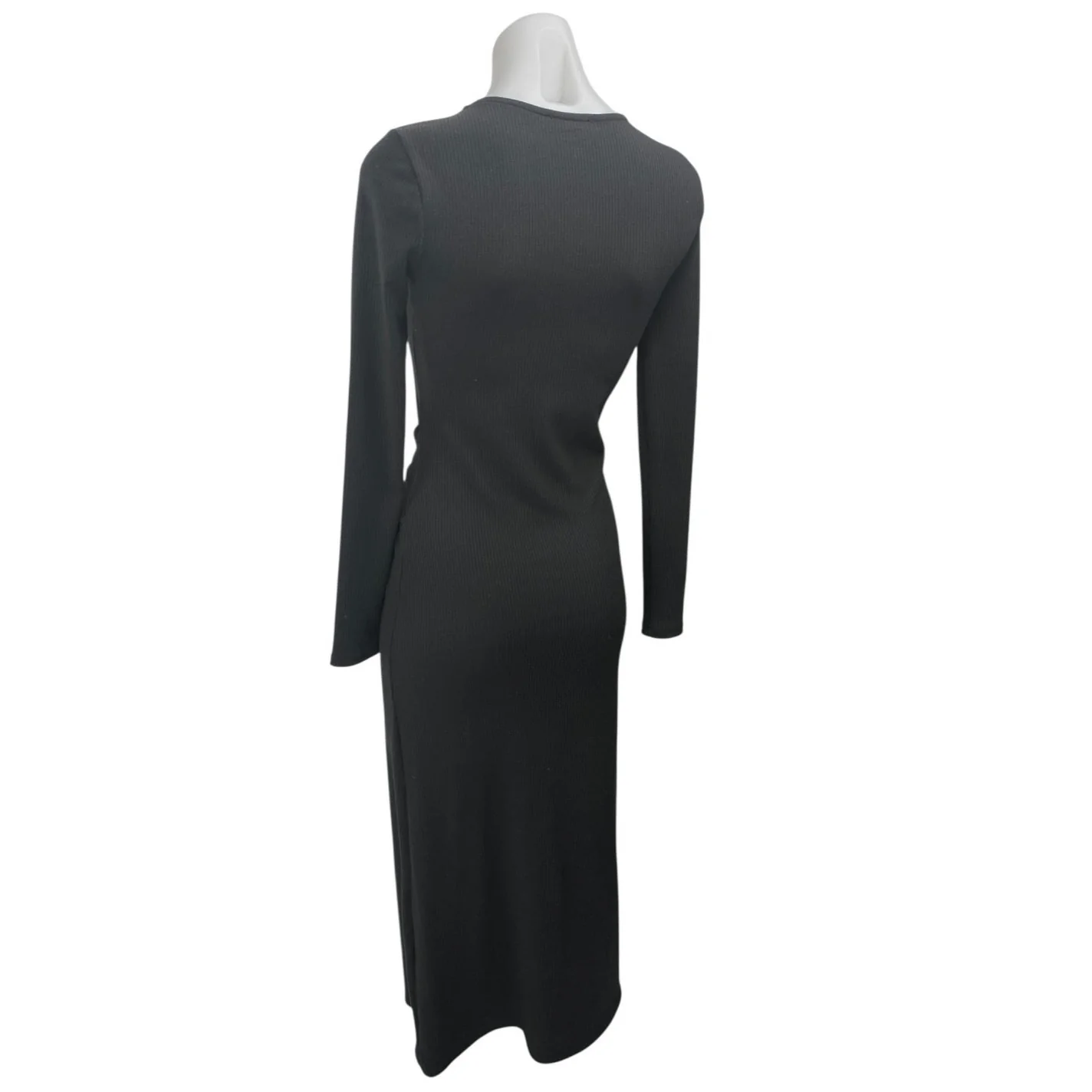 Aqua Women's Black Rib Knit Tie Waist L:ong Sleeve Midi Bodycon Sweater Dress XS - Image 2
