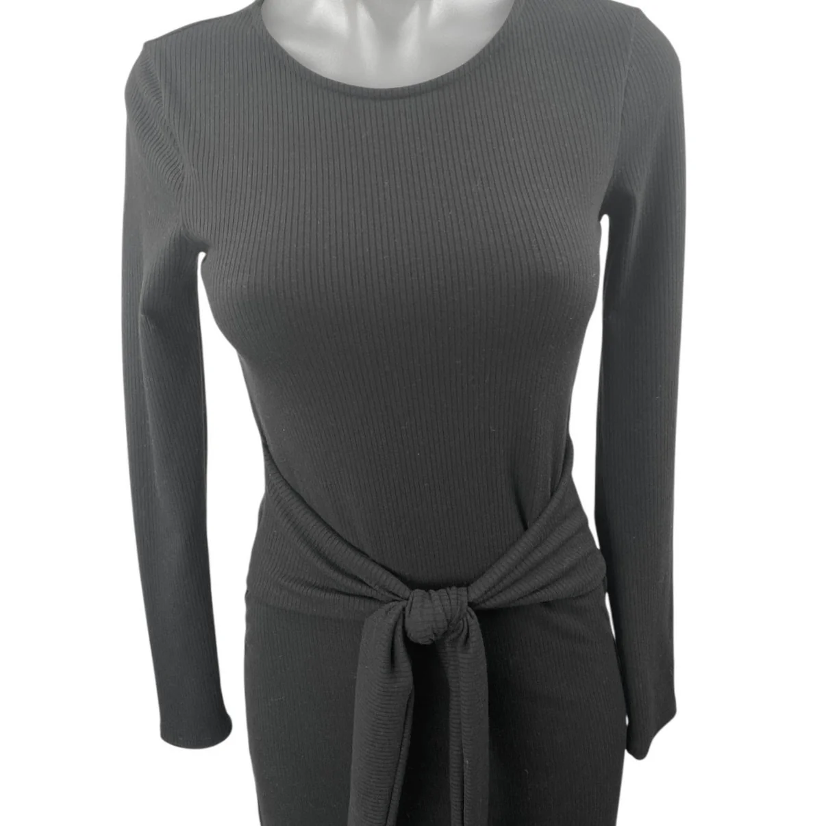 Aqua Women's Black Rib Knit Tie Waist L:ong Sleeve Midi Bodycon Sweater Dress XS - Image 3