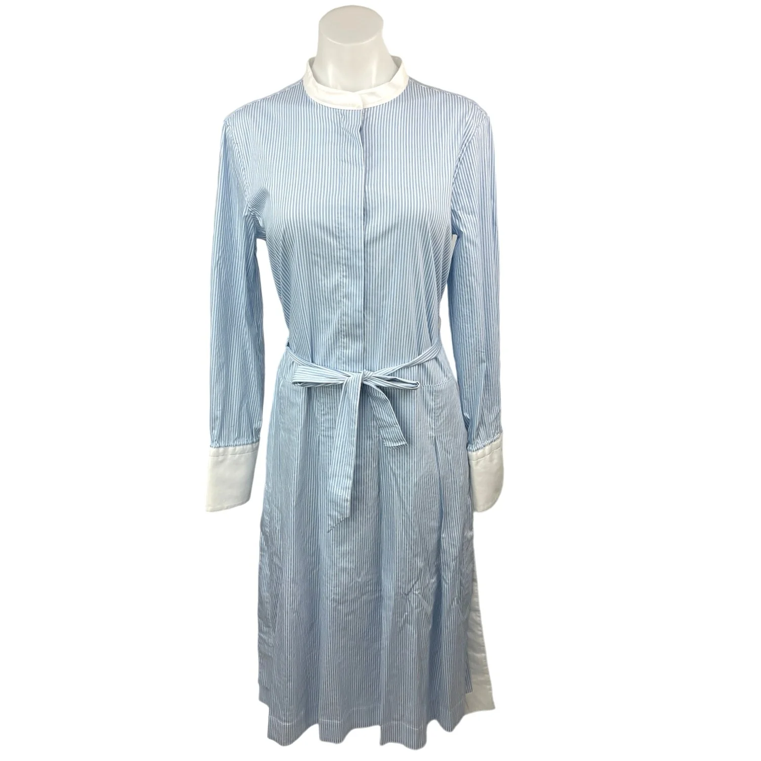 Argent Blue White Pinstriped Belted Long Sleeve Button Front Maxi Dress Size S