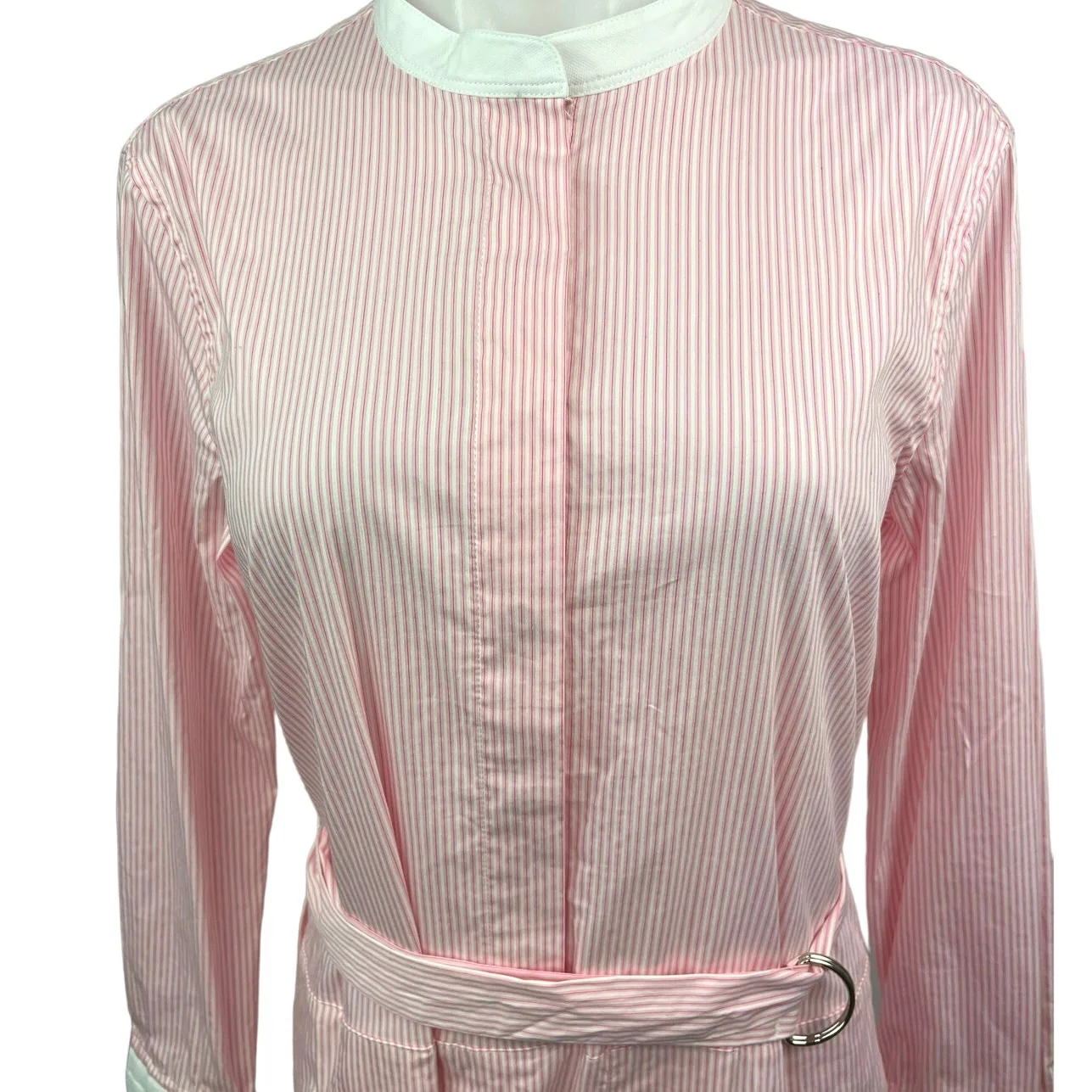 Argent Pink White Pinstriped Belted Long Sleeve Button Front Maxi Dress Size S - Image 3
