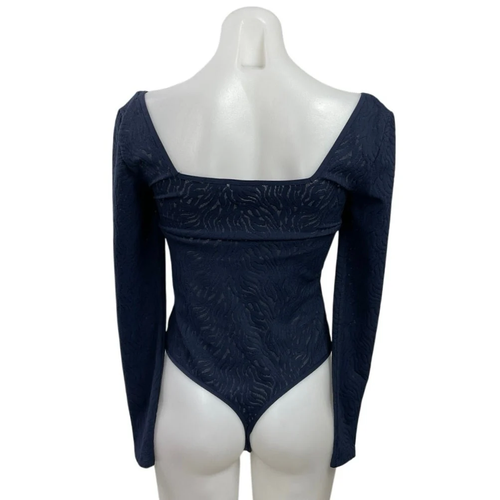 Aritzia Babaton Navy Blue Textured Square Neck Long Sleeve Bodysuit Top Size M - Image 3