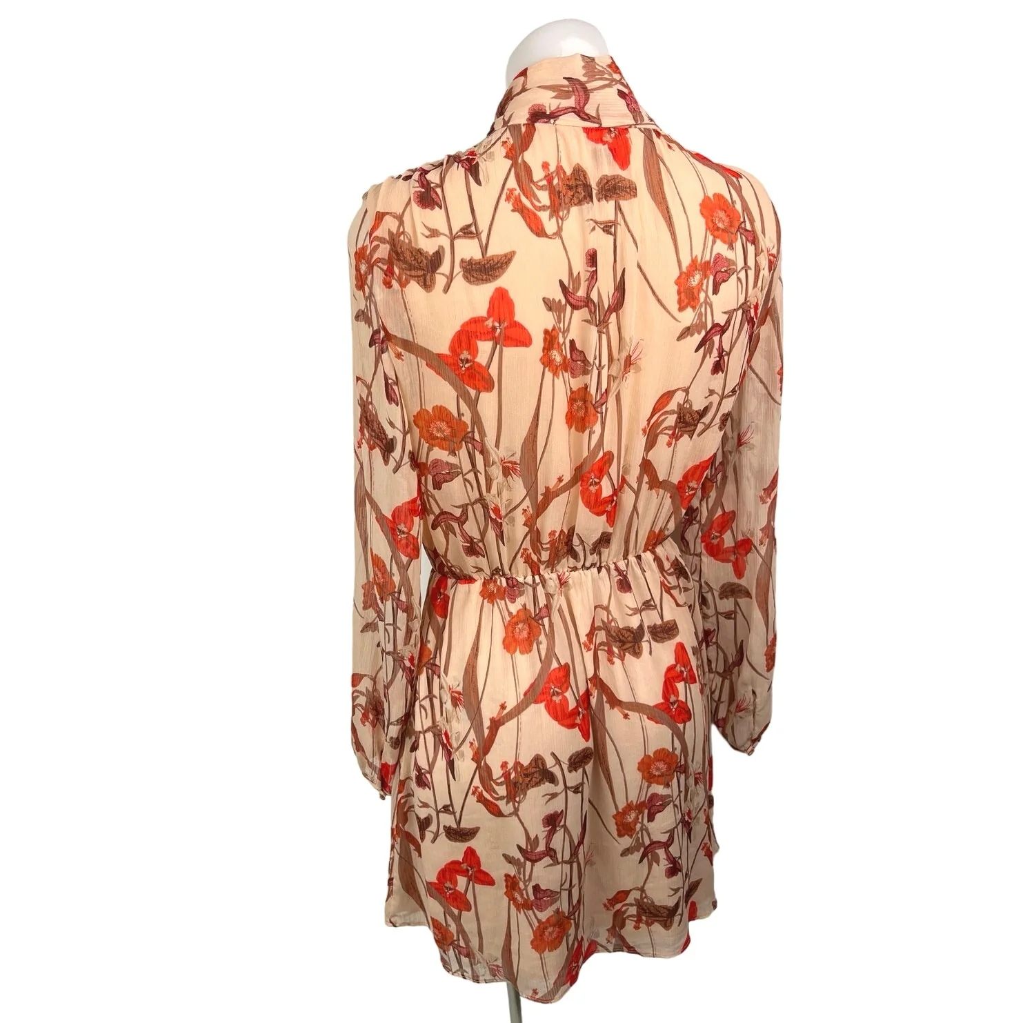 Aritzia Little Moon Orange Floral Tie Neck Long Sleeve Blouson Mini Dress Sz M - Image 2
