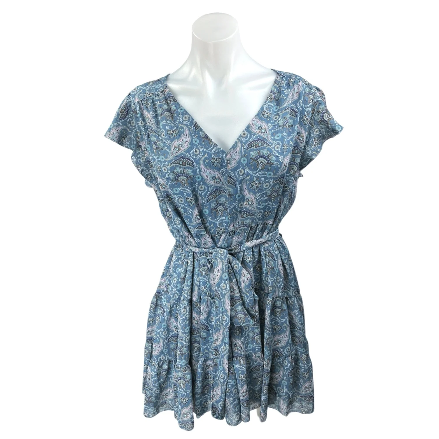 Aritzia Little Moon Sol Blue Paisley Flutter-sleeve Tiered Belted Mini Dress M