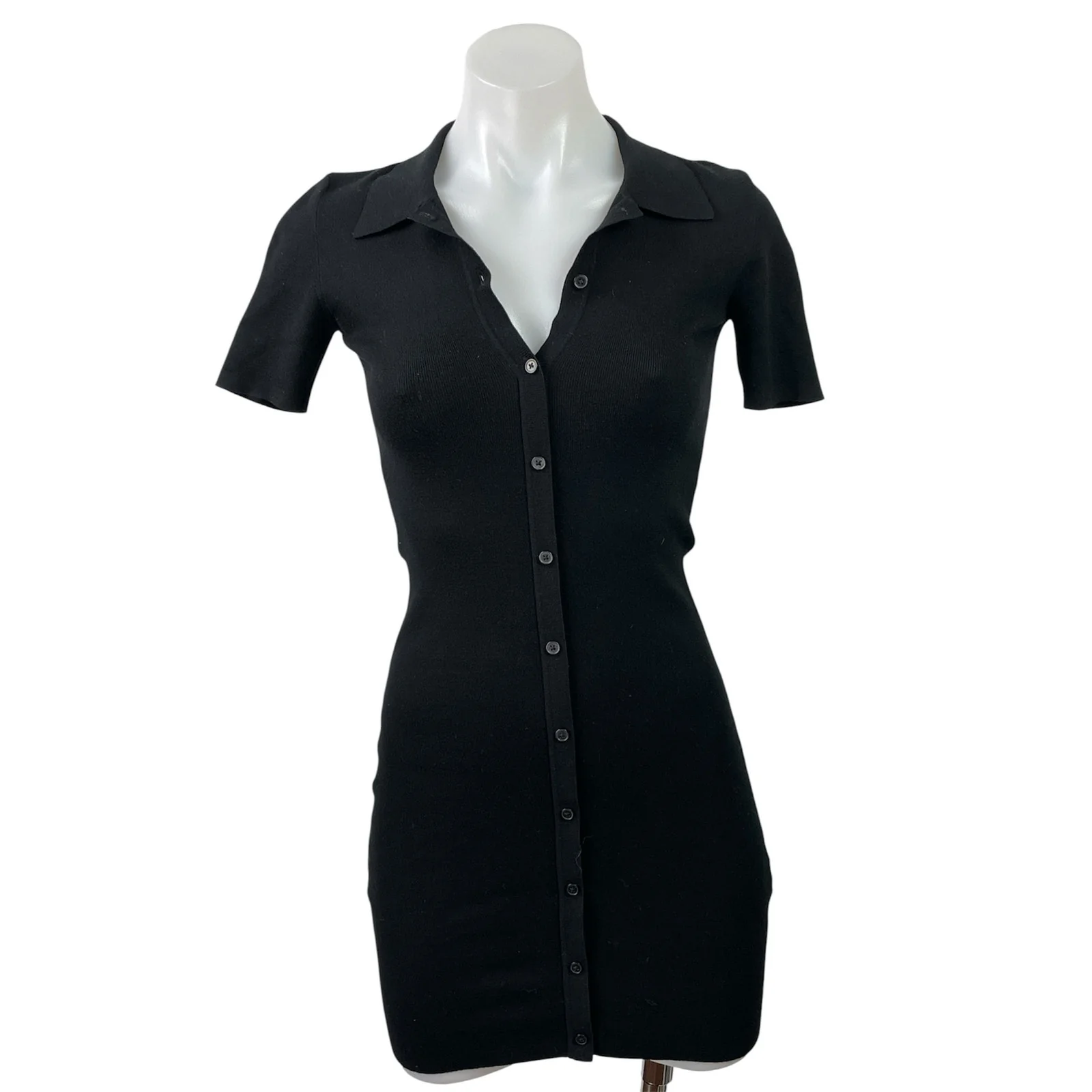 Aritzia Sunday Best Black Short Sleeve Rib Knit Button Up Mini Bodycon Dress 2XS