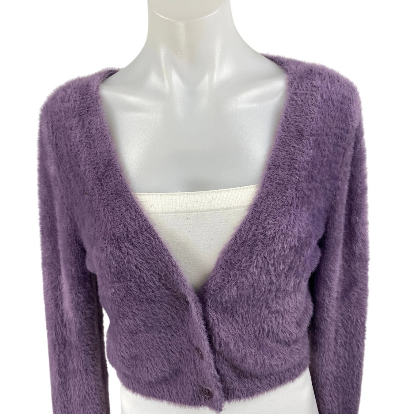 Aritzia Sunday Best Purple Fuzzy Faux Fur Button Crop Cardigan Sweater Top Sz M - Image 3