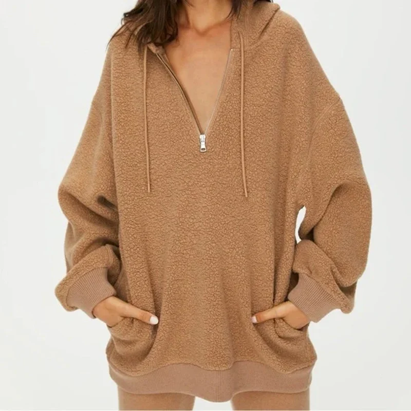 Aritzia The Group Babaton Lillian Wool Brown Faux Sherpa Hoodie Sweater Top M - Image 3
