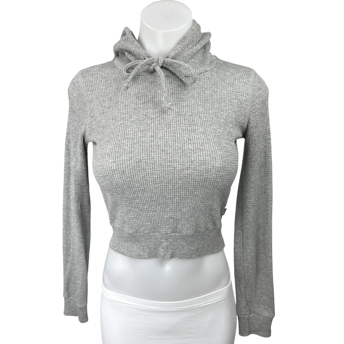 Aritzia TNA Gray Waffle Knit Long Sleeve Hooded Hoodie Crop Sweater Top Size XXS