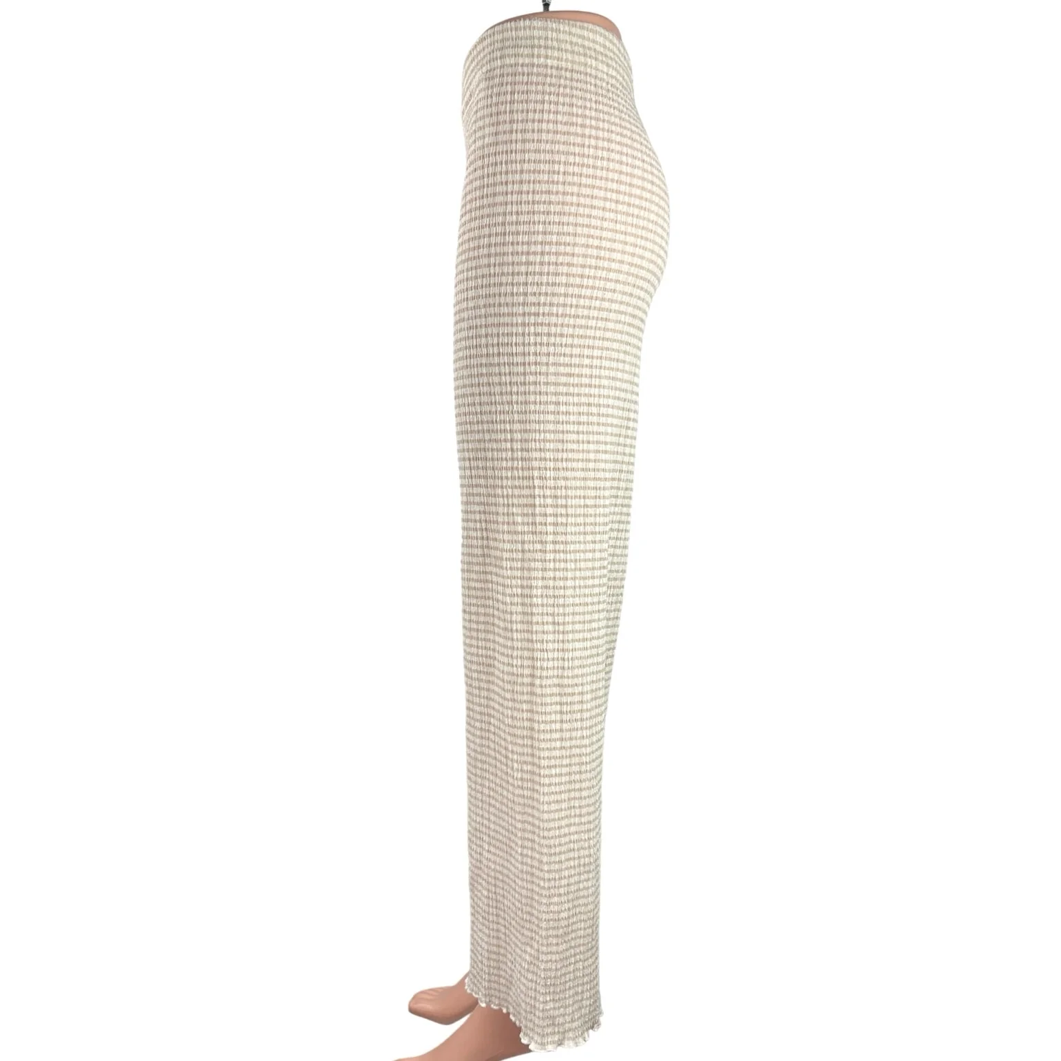 Aritzia Verona White Tan Wide-leg Seersucker Elastic Waist Crop Pants Trousers M - Image 2
