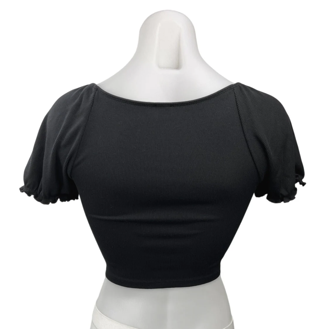 Aritzia Wilfred Black Ribbed Knit Puff Sleeve Hook & Loop Crop Top Blouse Size S - Image 2