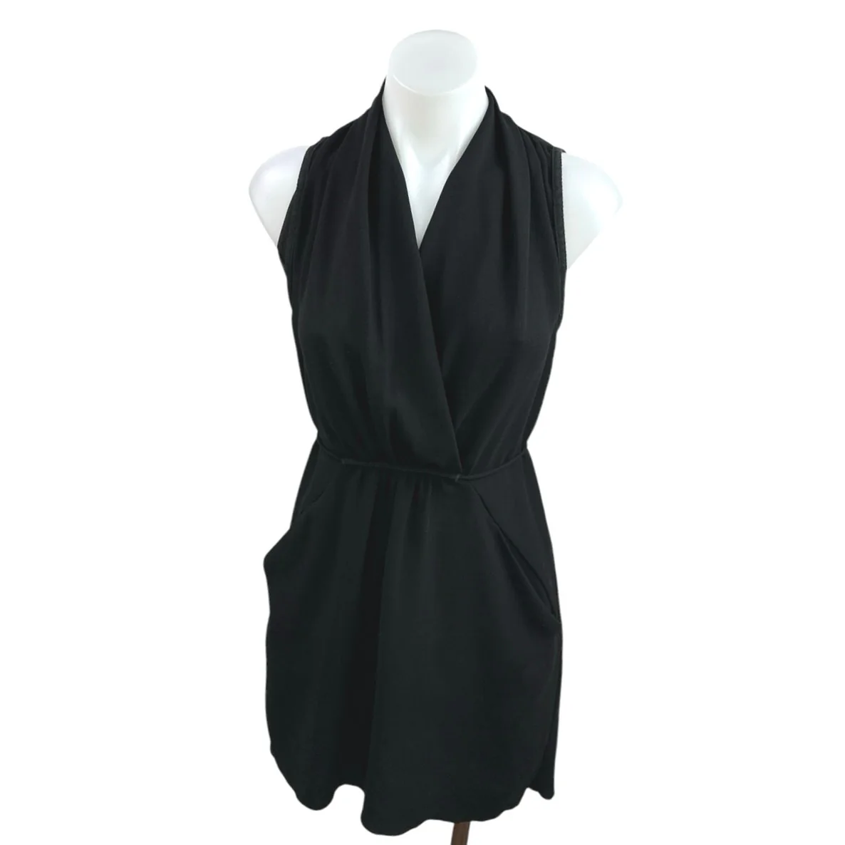 Aritzia Wilfred Black Sleeveless V Neck Faux Wrap Mini Sheath Dress Size XXS