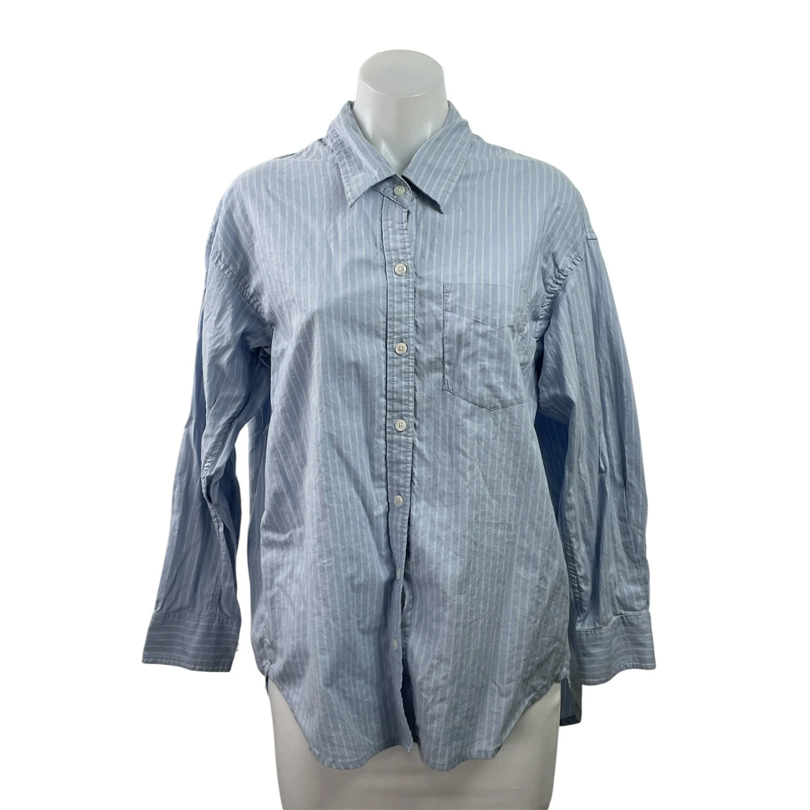 Aritzia Wilfred Blue Striped Long Sleeve Relaxed Curve Hem Button Down Shirt XS