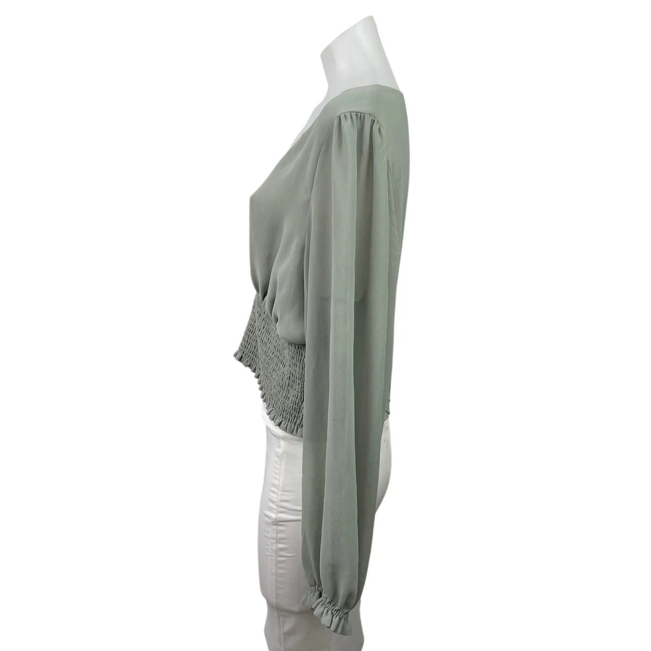 Aritzia Wilfred Genoa Gray Chiffon V Neck long Sleeve Smocked Crop Blouse Top XL - Image 2