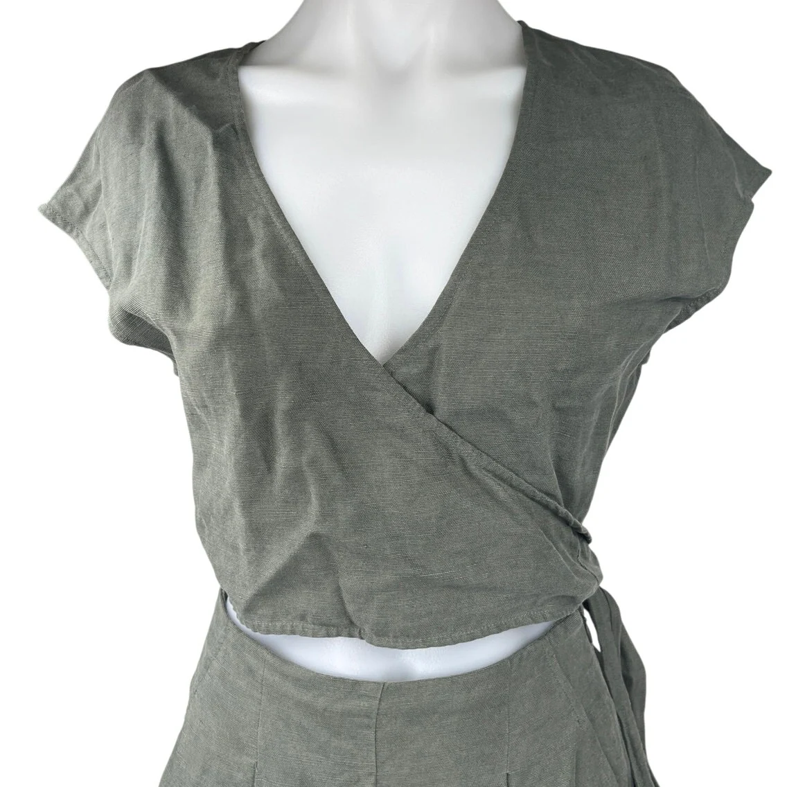 Aritzia Wilfred Gray Linen Short Sleeve Wide Leg Crop Wrap Tie Romper Jumpsuit 0 - Image 3