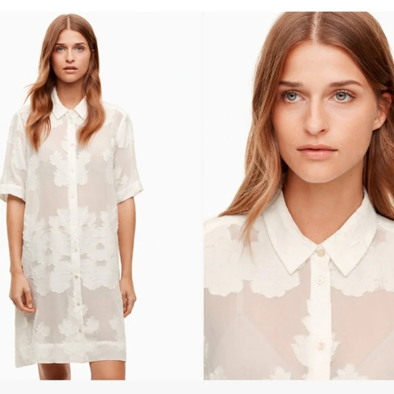 Aritzia Wilfred Hemistiche White Semi Sheer Short Sleeve Mini Shirt Dress Sz XS - Image 3