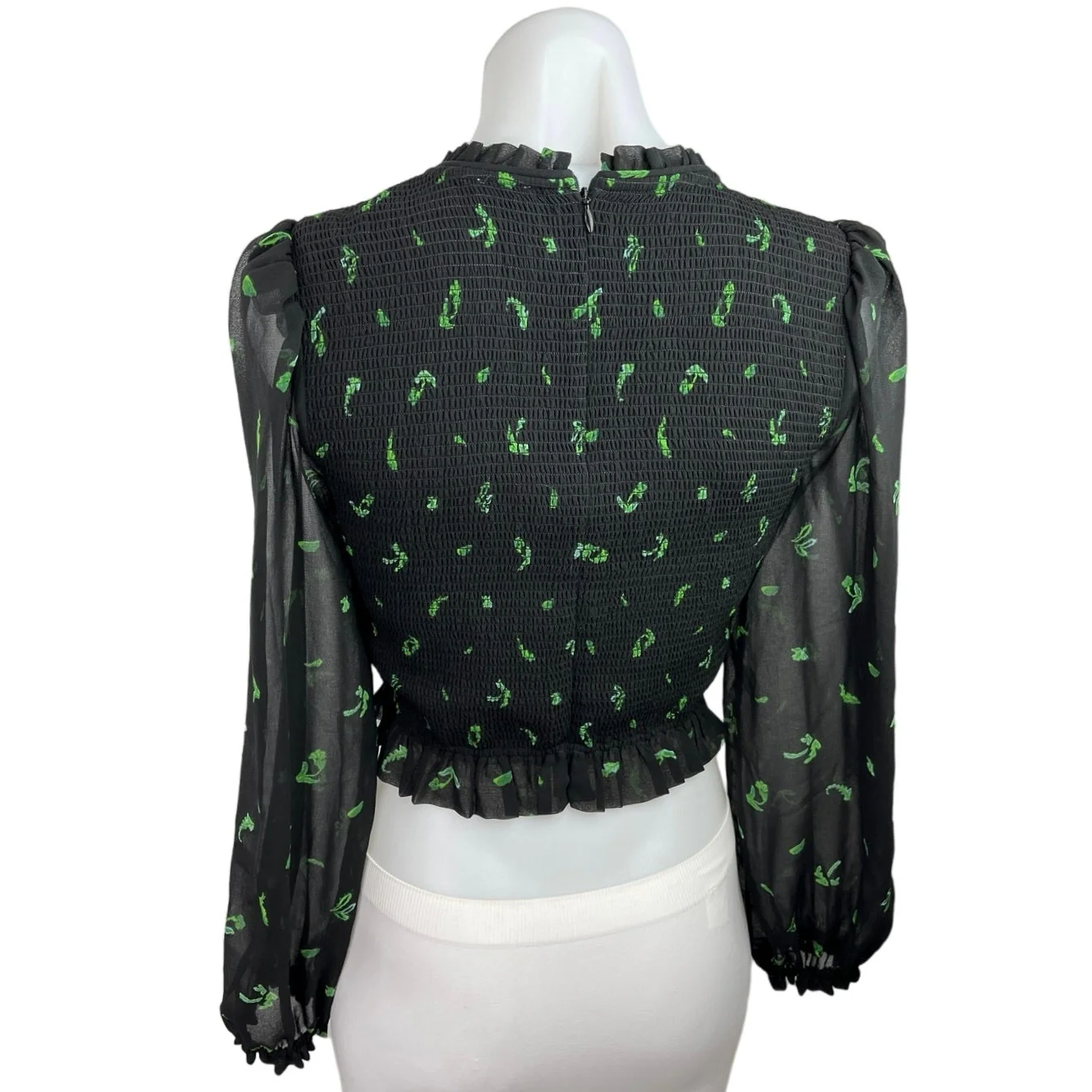 Aritzia Wilfred Lilith Black Leaf Print Smocked Puff Sleeve Ruffle Crop Blouse S - Image 2
