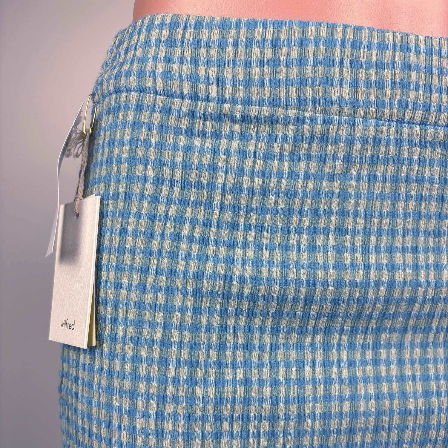 Aritzia Wilfred NWT Blue Yellow Plaid Check High Waist Pull On Mini Skirt Size S - Image 4