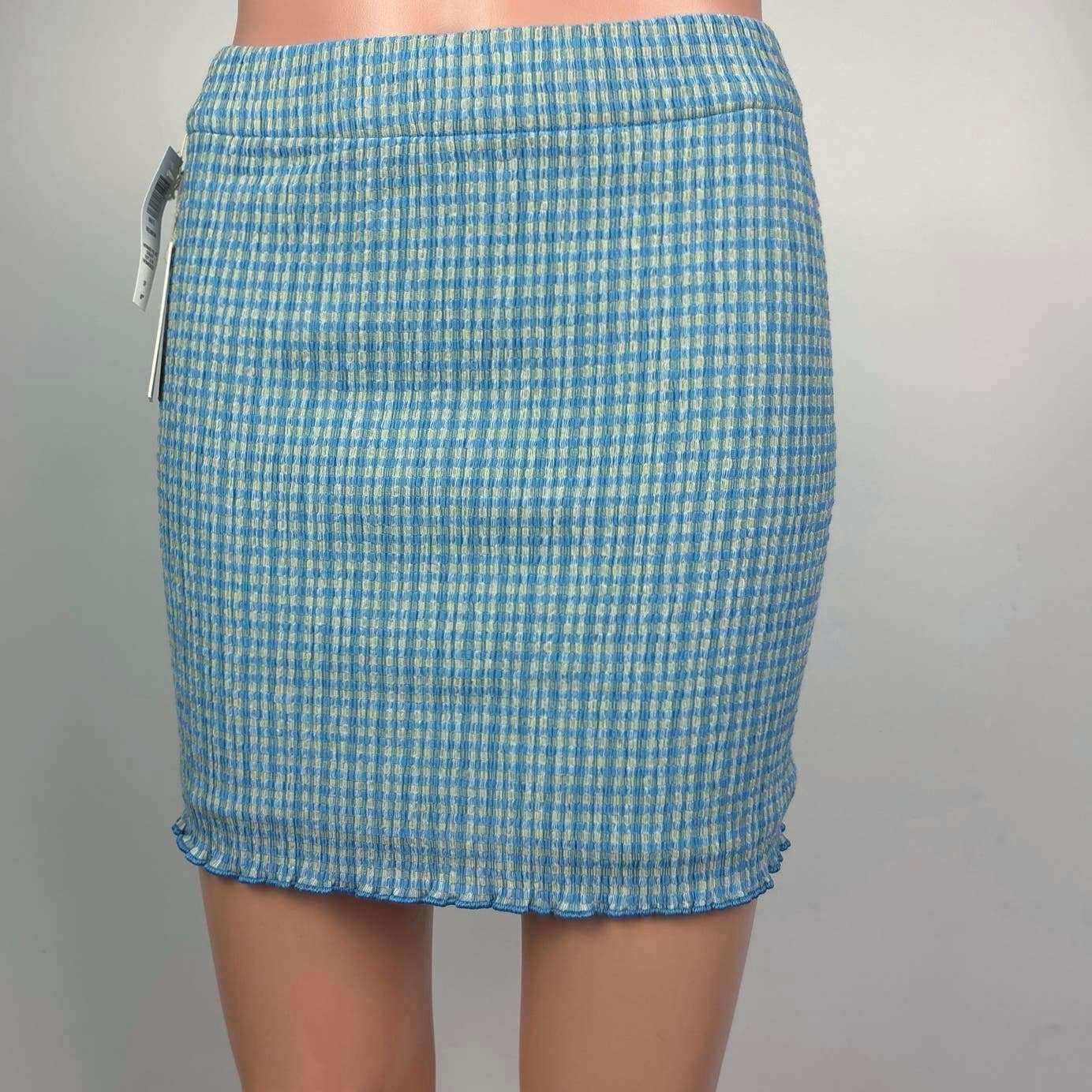 Aritzia Wilfred NWT Blue Yellow Plaid Check High Waist Pull On Mini Skirt Size S - Image 6
