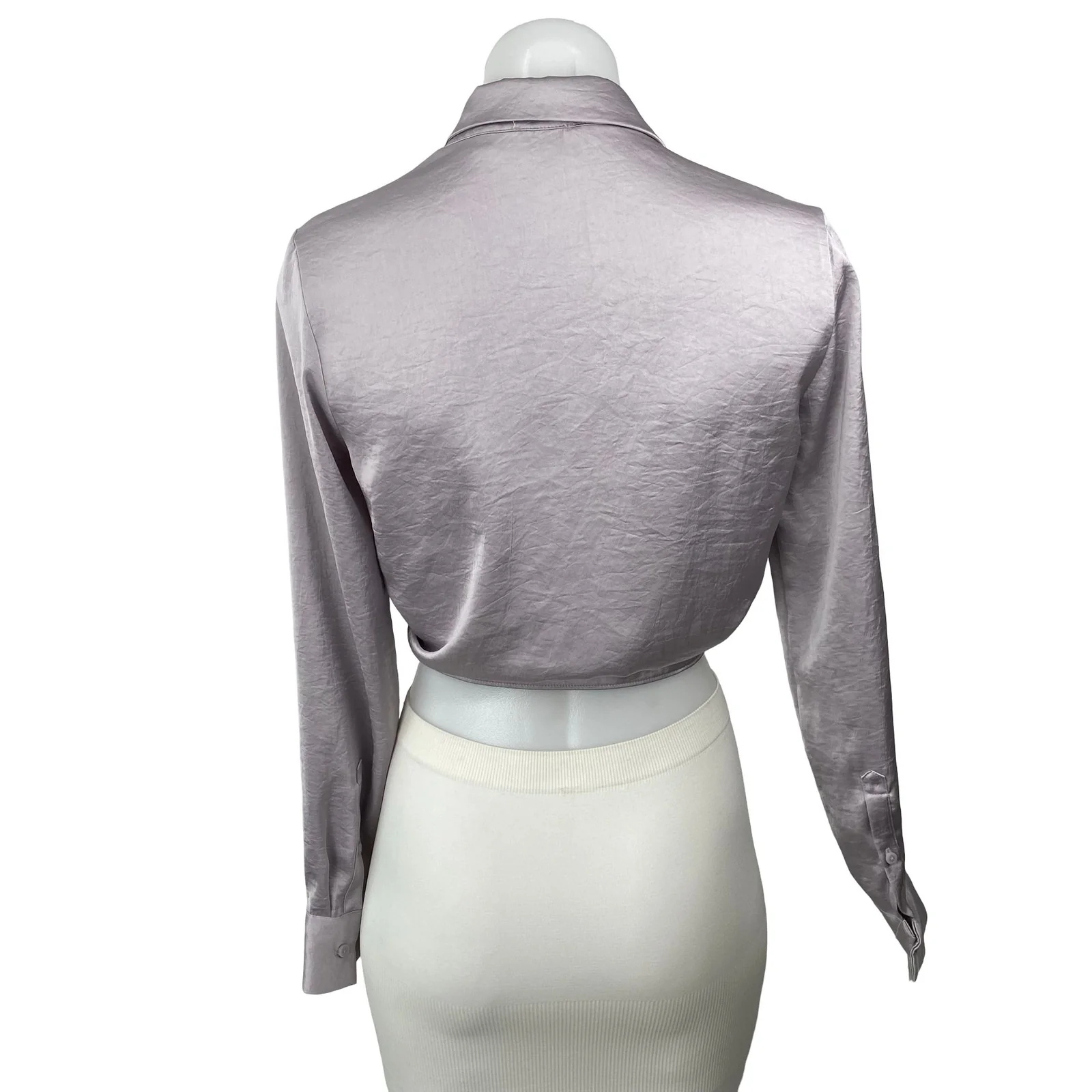 Aritzia Wilfred Purple Lilac Silk Satin Long Sleeve Crop Tie Button Up Shirt XS - Image 4
