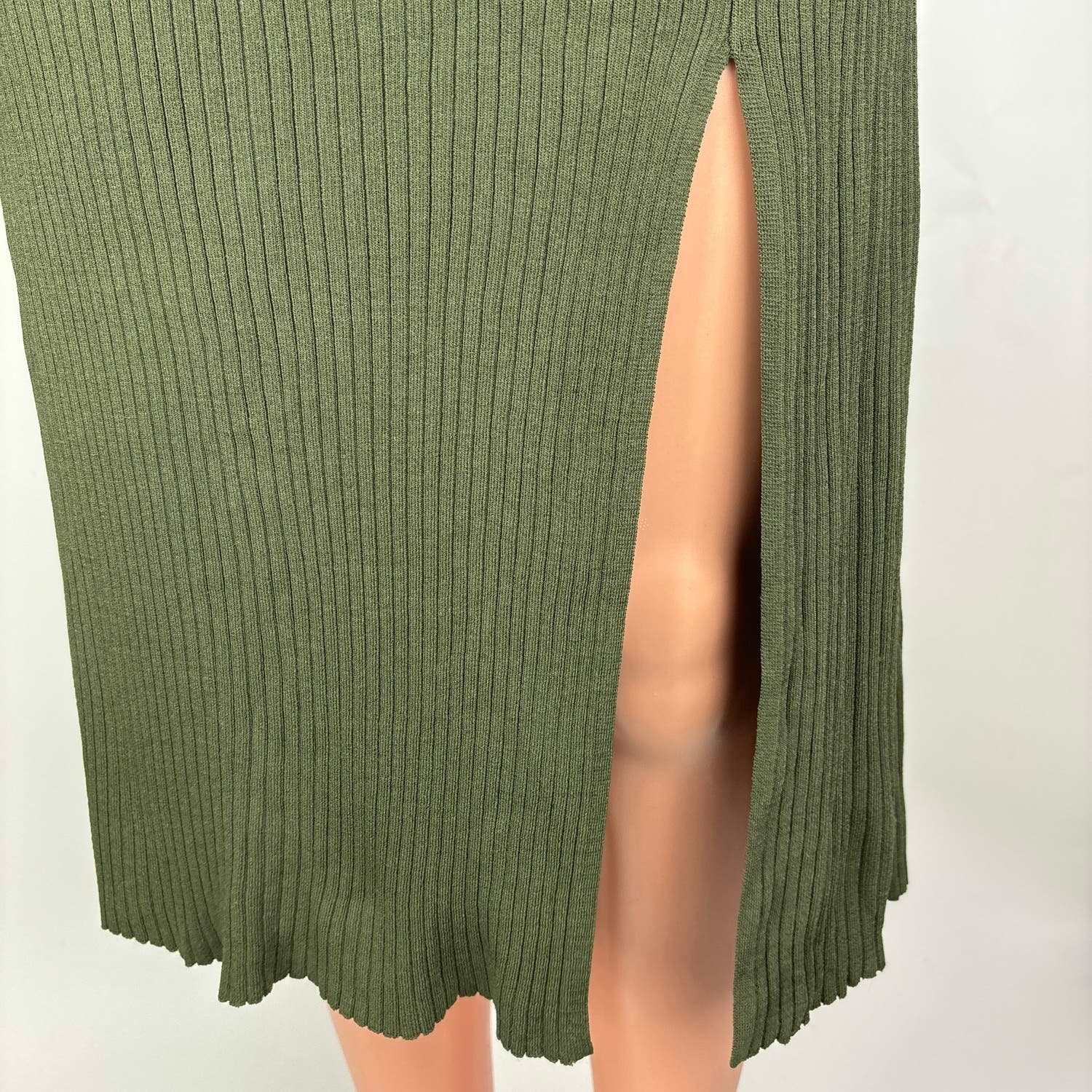 Aritzia Wilfred Sage Frost Olive Green Slit Rib Knit High Rise Midi Skirt Size S - Image 4
