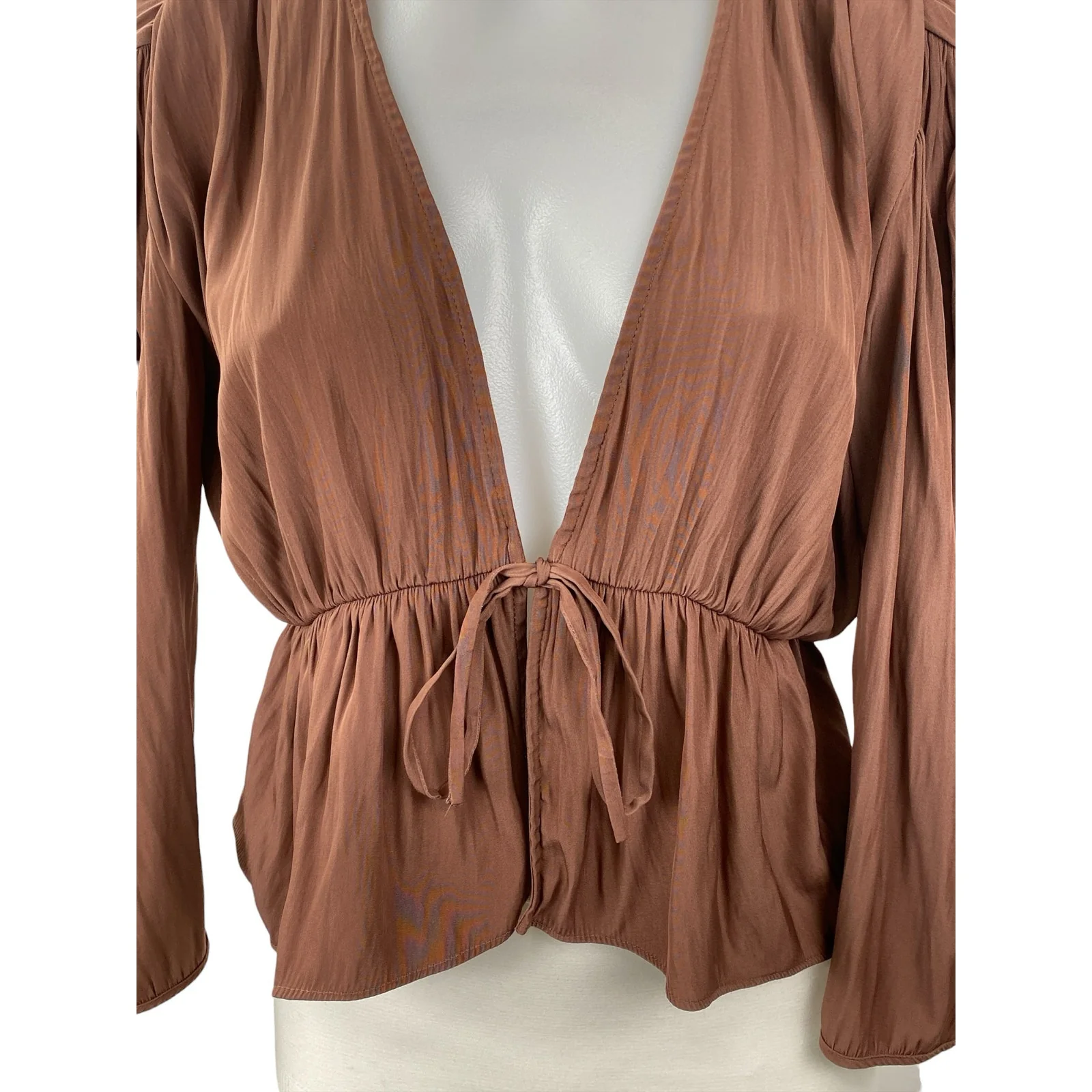 Aritzia Wilfred Shanina Womens Brown Deep V Neck Long Sleeve Tie Blouse Top Sz S - Image 2