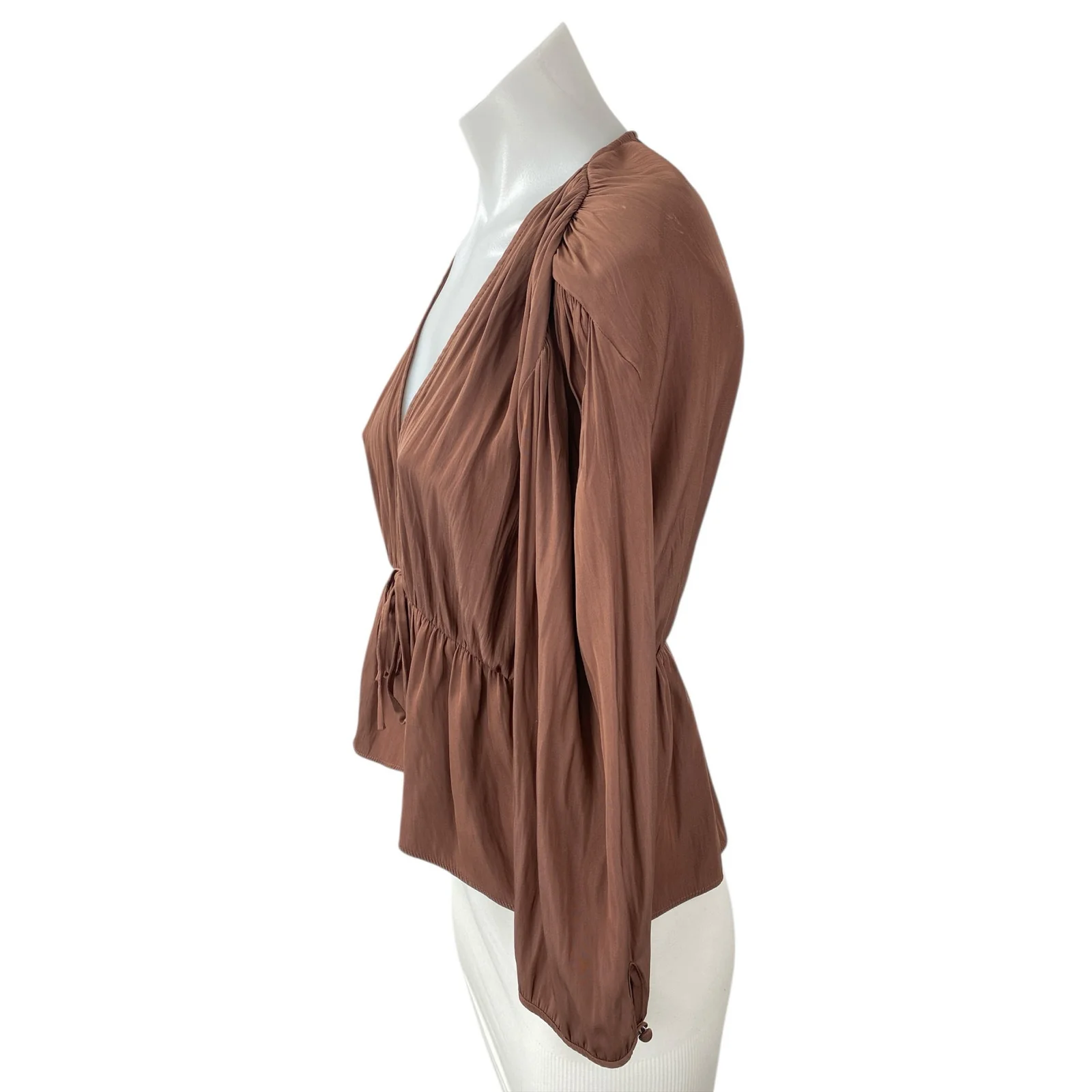 Aritzia Wilfred Shanina Womens Brown Deep V Neck Long Sleeve Tie Blouse Top Sz S - Image 3