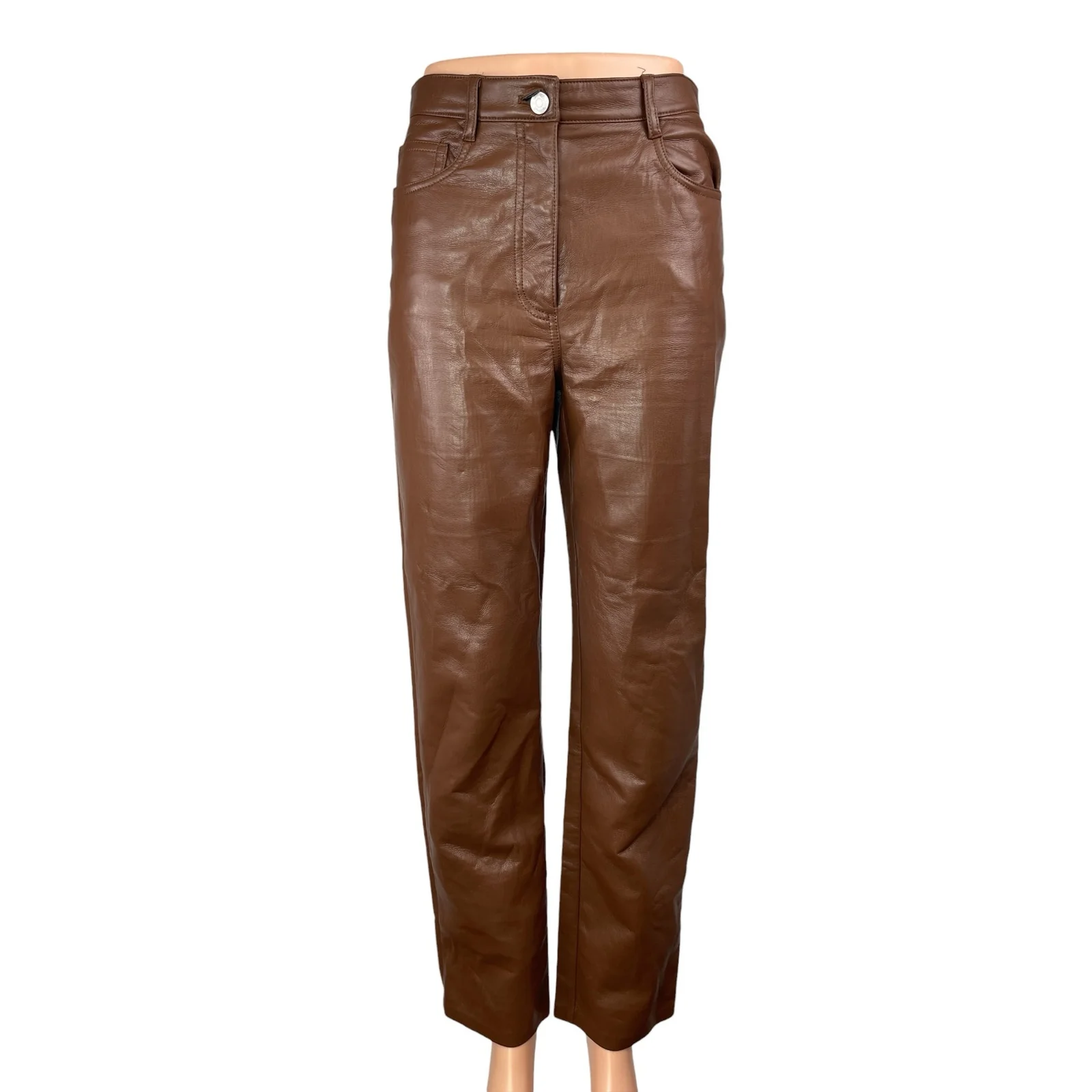 Aritzia Wilfred The Melina Brown Faux Leather High Rise Straight Trouser Pants 4