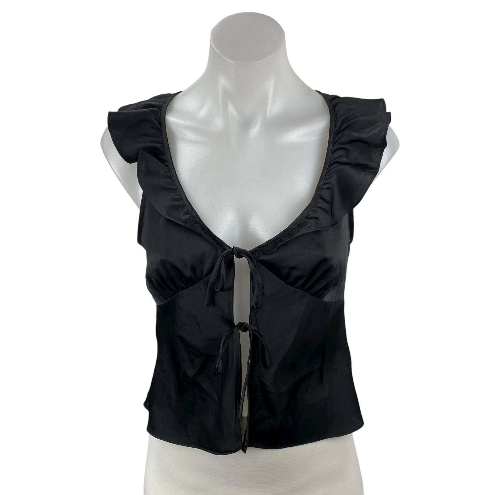 Aritzia Wilfred Tonka Satin Women's Black Ruffle Sleeveless Tie Blouse Top Sz XS