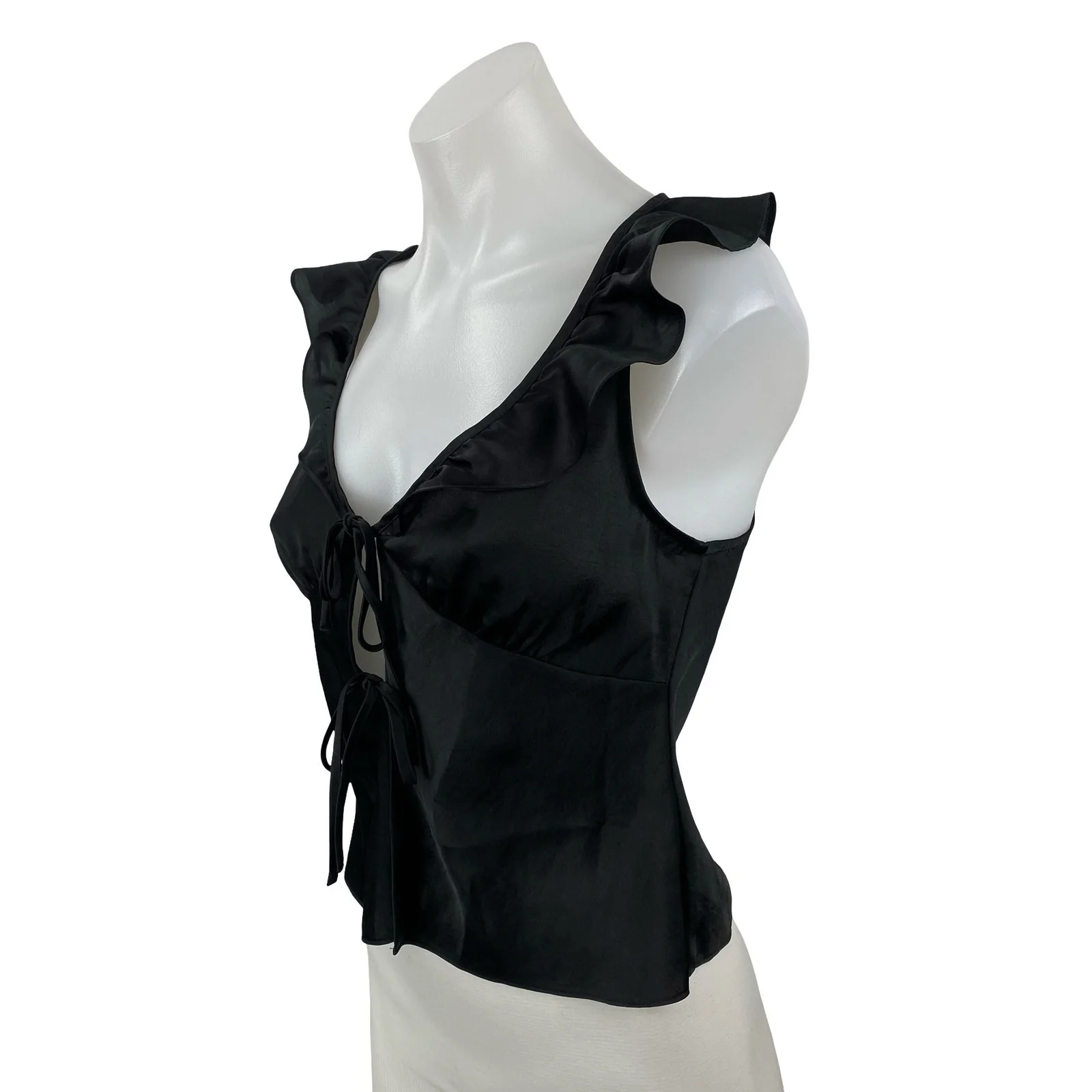 Aritzia Wilfred Tonka Satin Women's Black Ruffle Sleeveless Tie Blouse Top Sz XS - Image 2