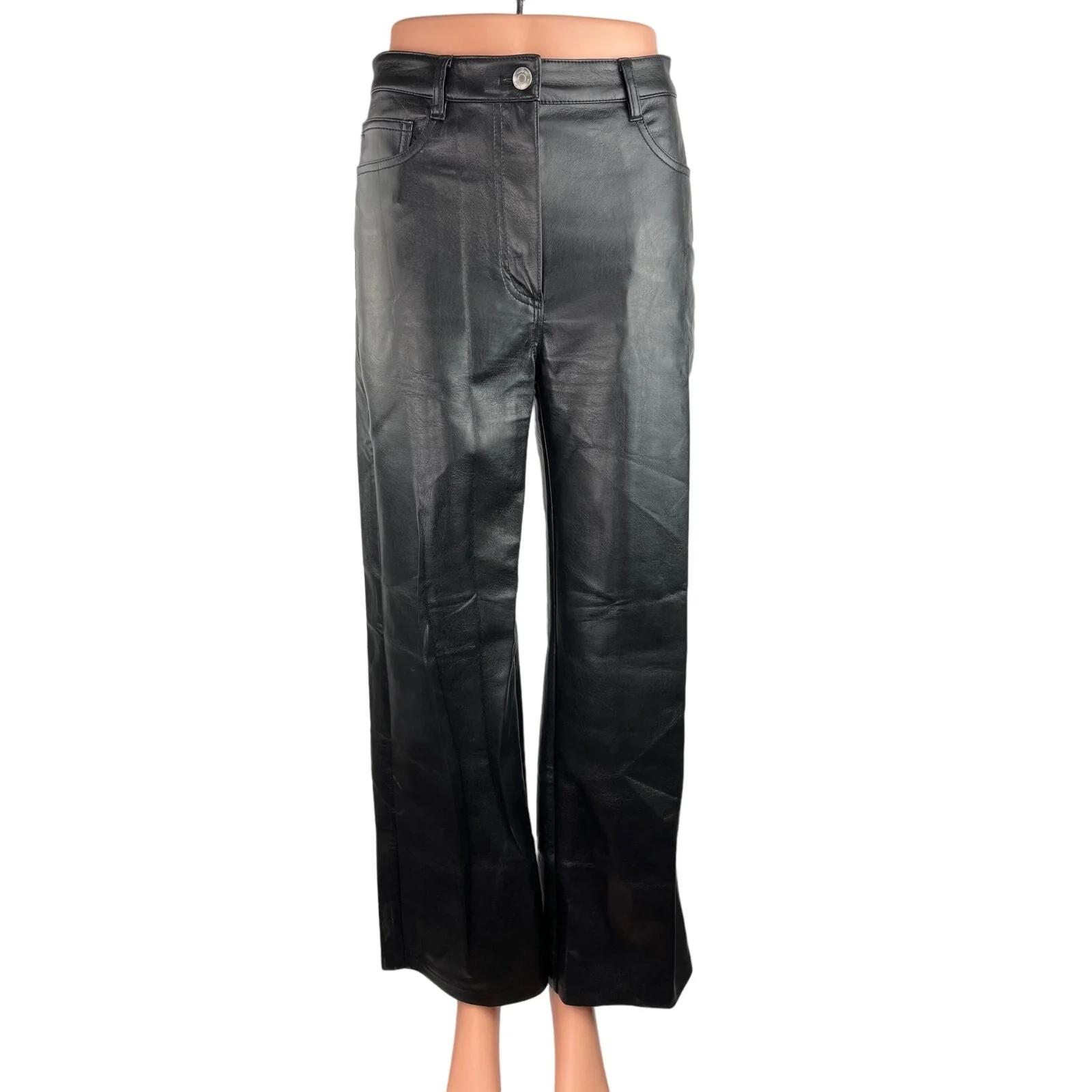 Aritzia Wilfred Women Black Faux Leather High Rise Flat Front Wide Leg Pant Sz 4