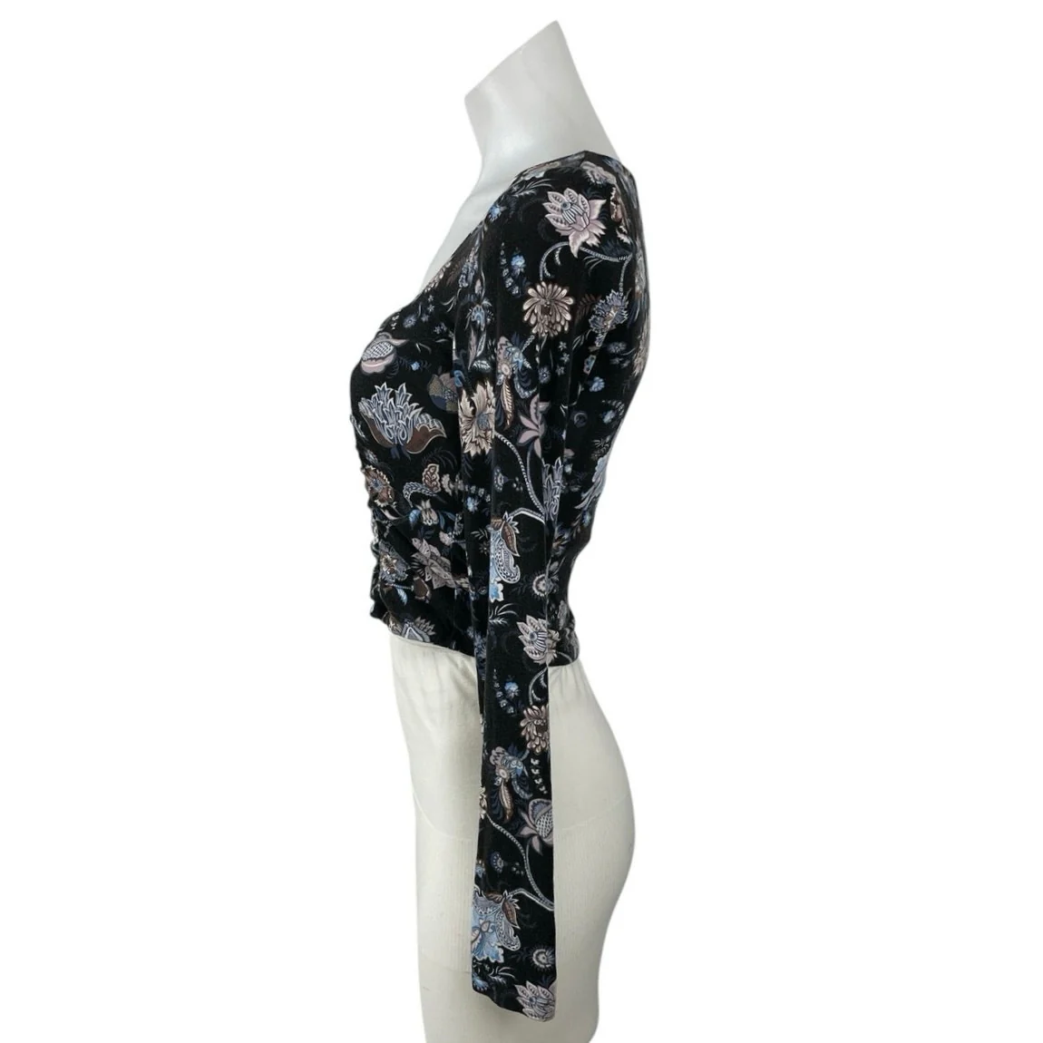 Aritzia Wilfred Women Black Floral Long Sleeve Square Neck Knit Crop Top Size S - Image 2
