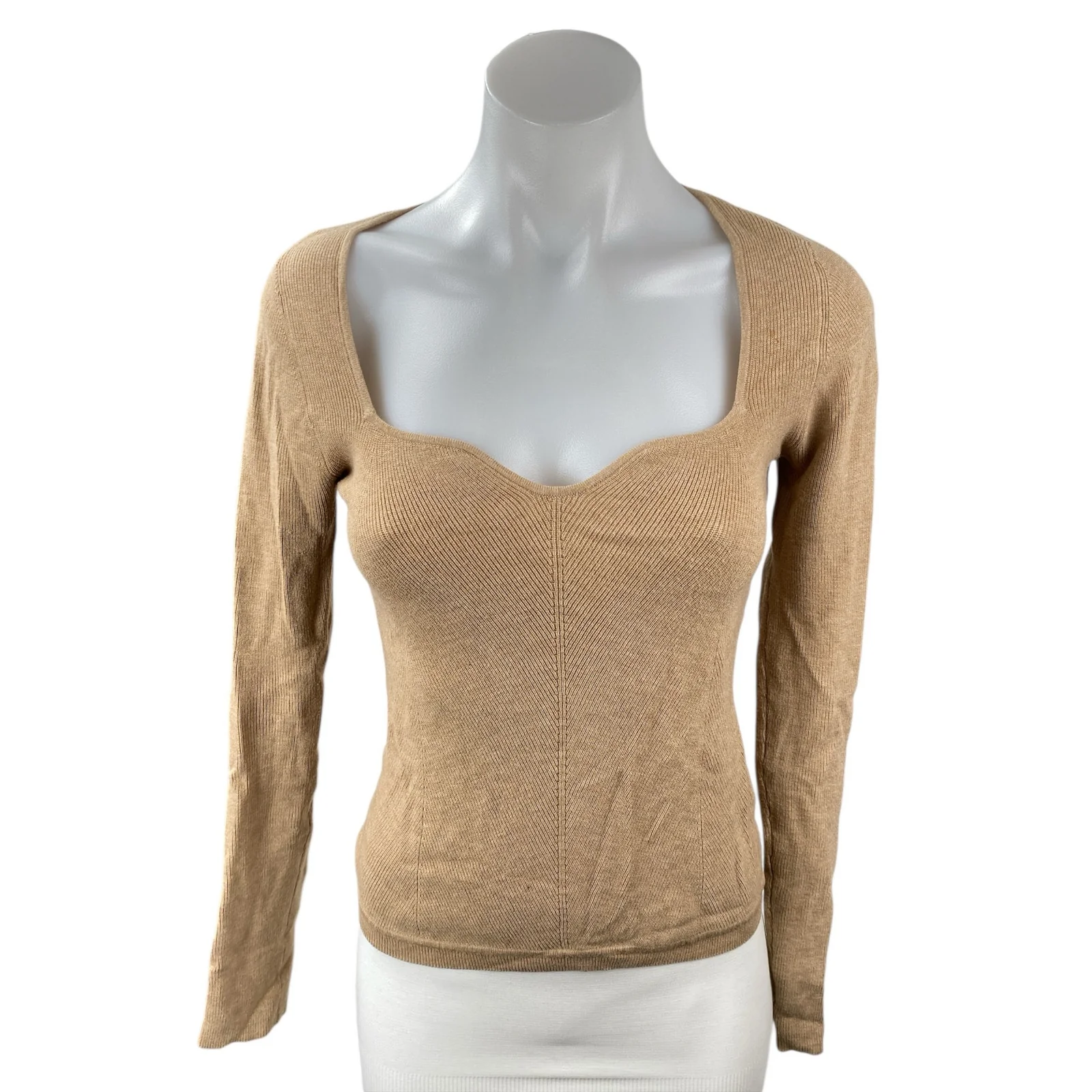 Aritzia Wilfred Womens Tan Ribbed Knit Sweetheart Long Sleeve Sweater Top Size M