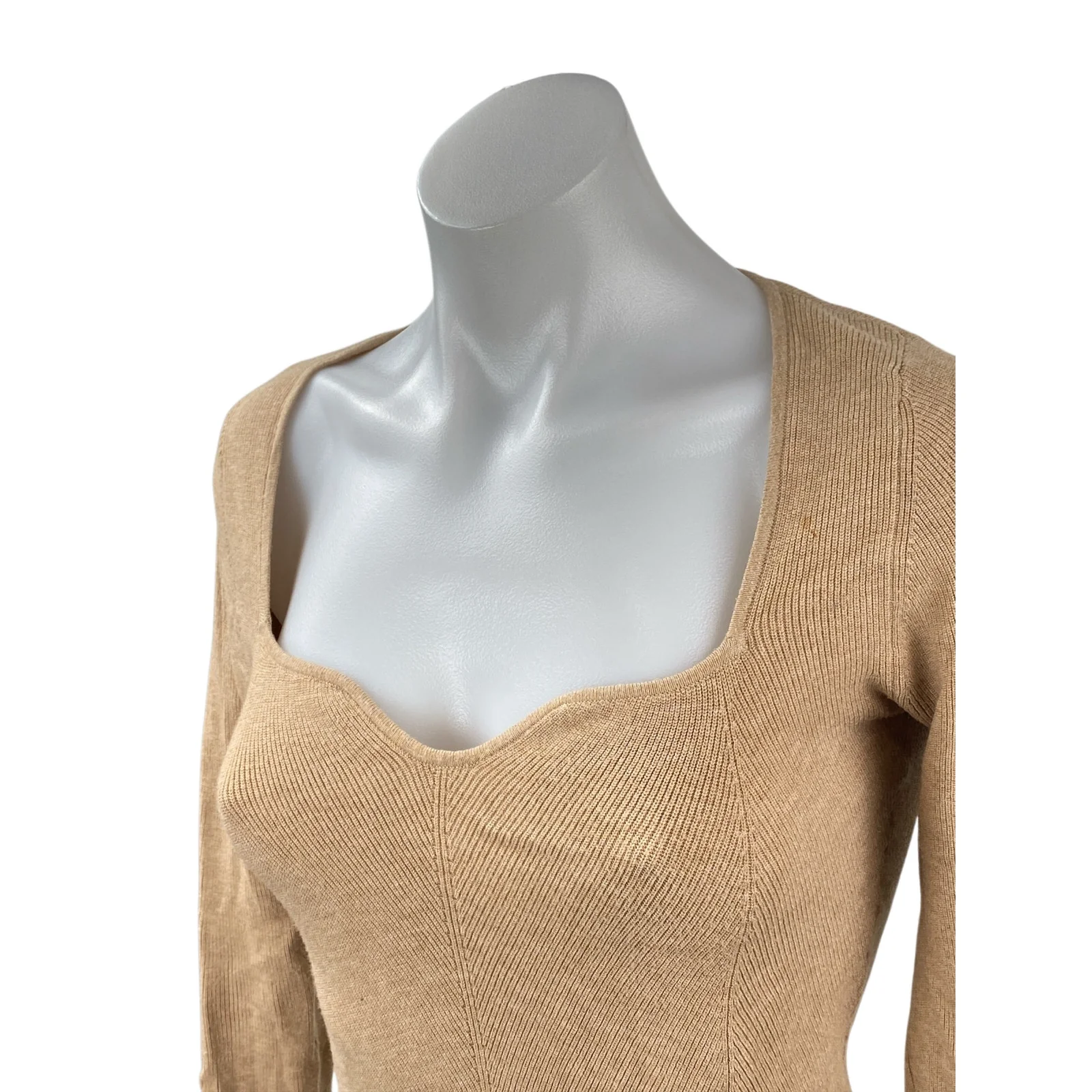 Aritzia Wilfred Womens Tan Ribbed Knit Sweetheart Long Sleeve Sweater Top Size M - Image 2