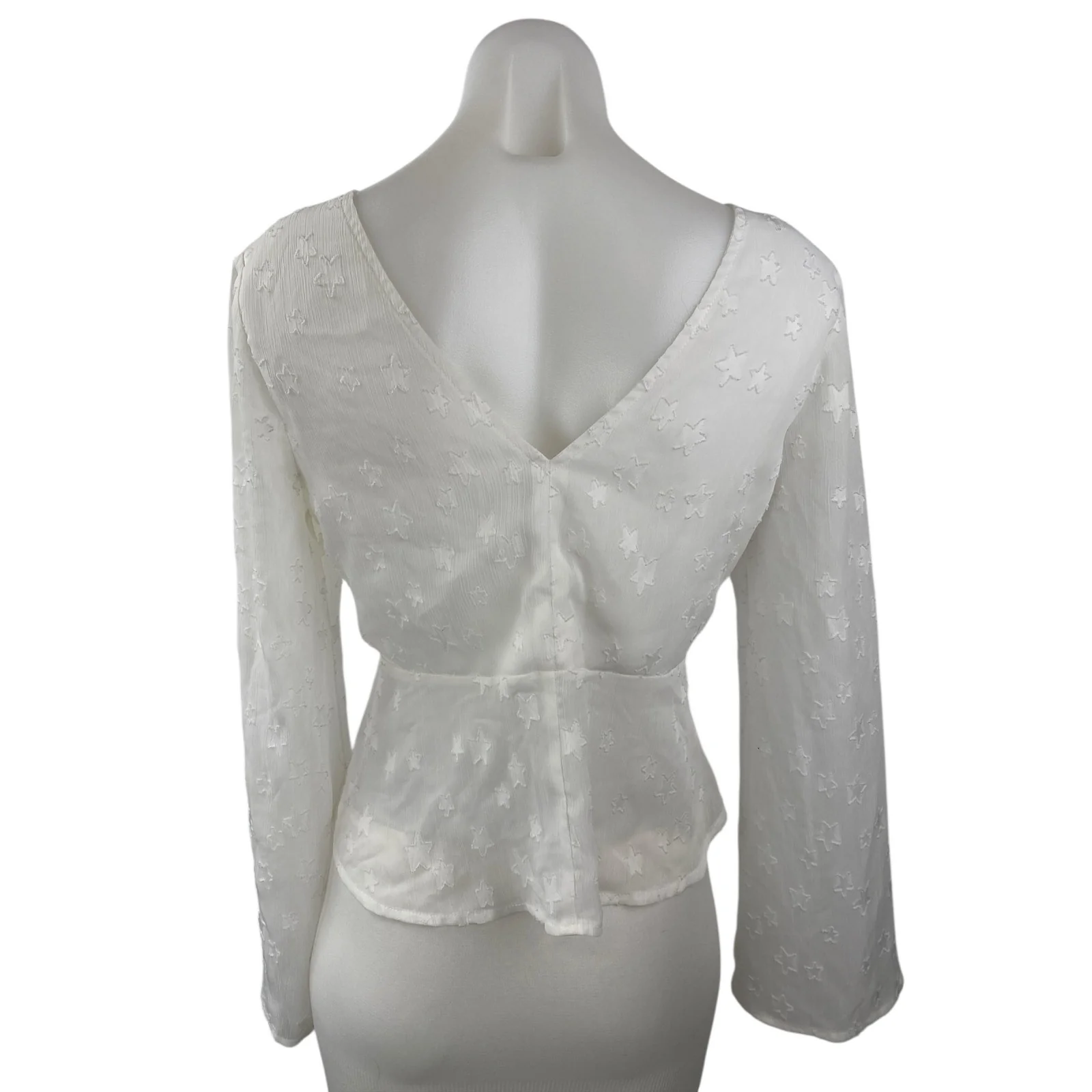 Ark n Co White Star Long Bell Sleeve V Neck Ruched Peplum Blouse Top Size S - Image 2