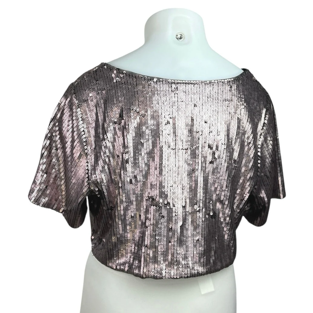 Ashley Nell Tiptop Pink Gold Metallic Sequin Short Sleeve Crop Blouse Top Sz XL - Image 2